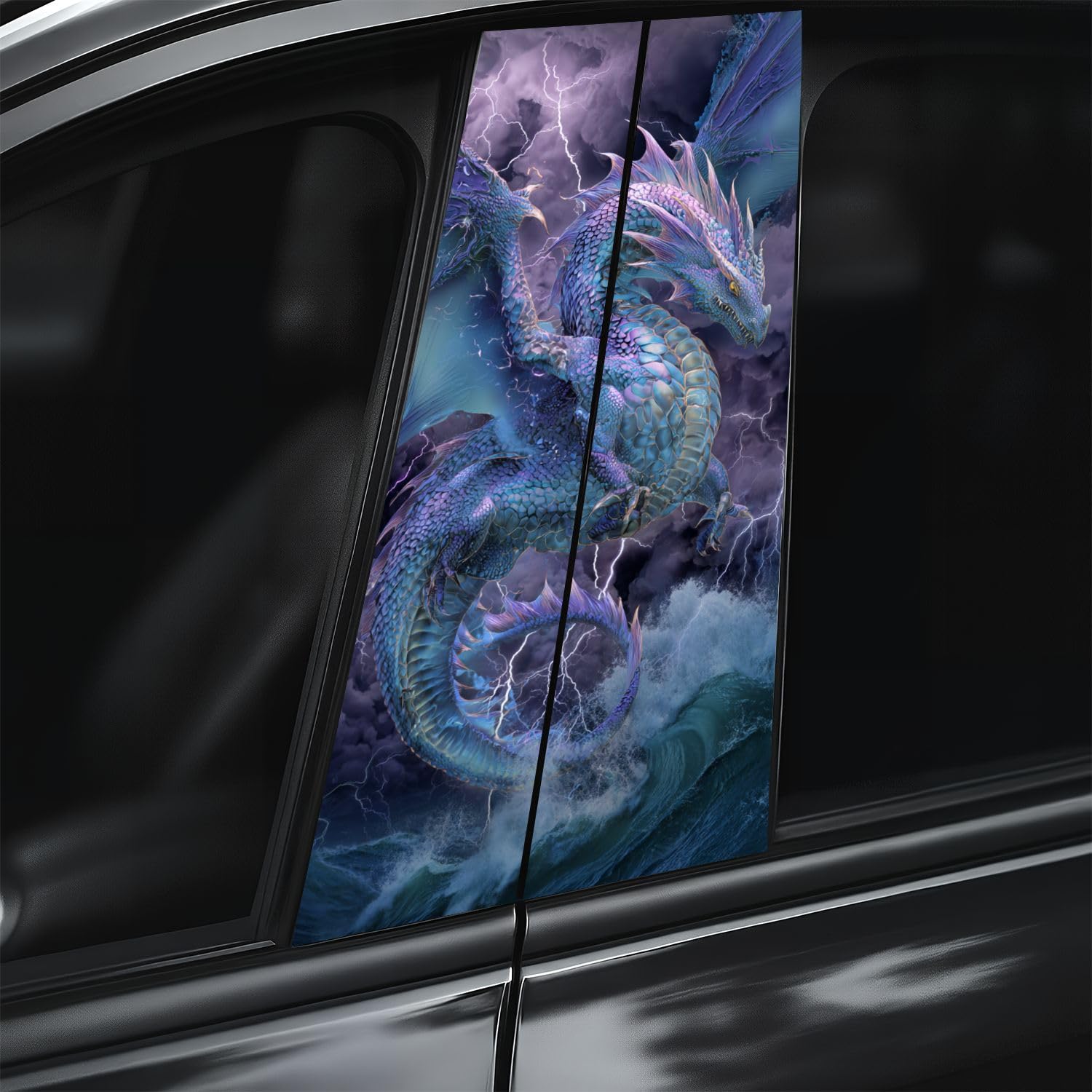 2pcs Car B-Pillar Decals Iridescent Dragon Art Glowing Eyes Storm Backdrop Vinyl Car Door Post Stickers Self Adhesive Body Side Decal Waterproof