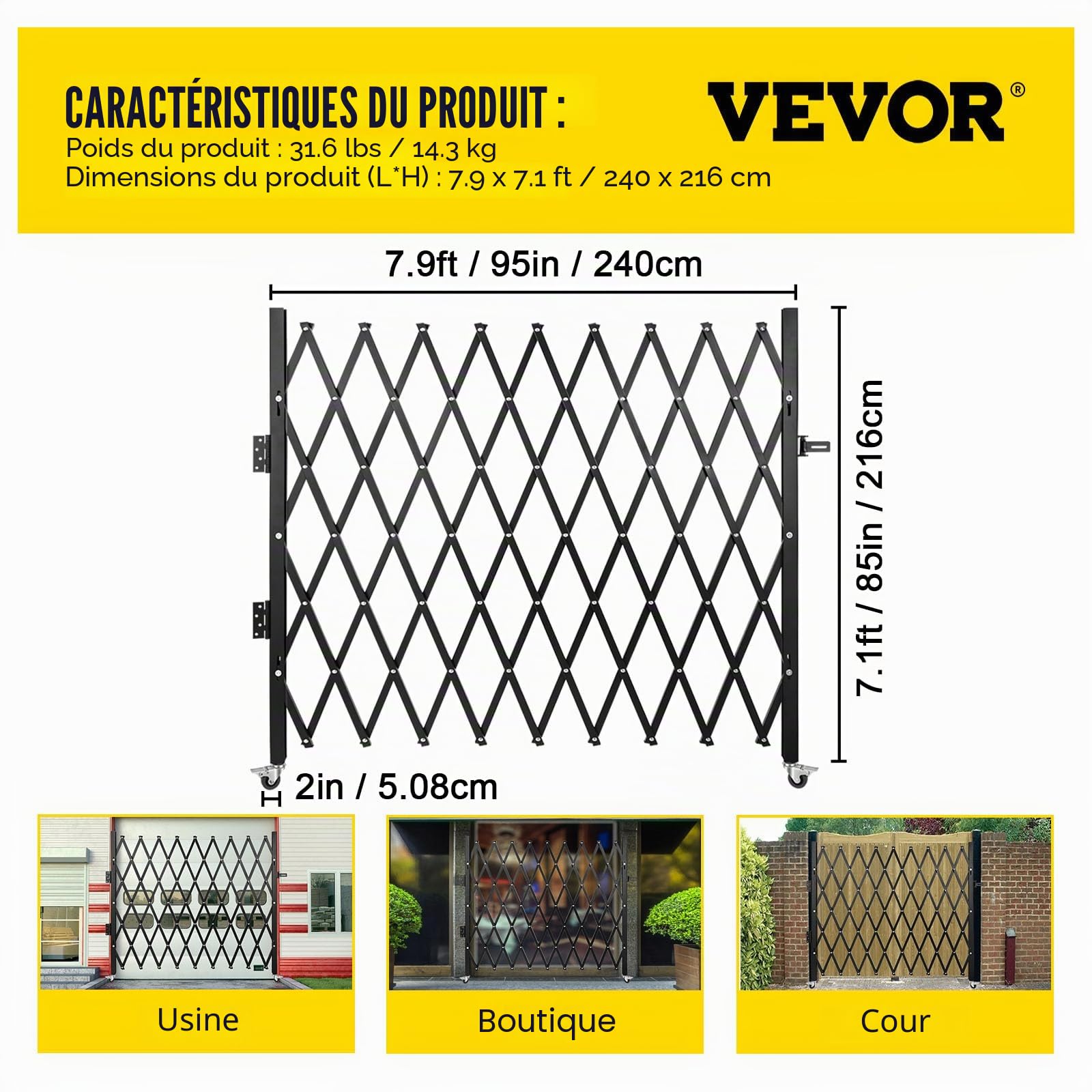 VEVOR Barrière de Sécurité Extensible Pliante Simple, 2,21 m H x 2,4 m L, Clôture d’Escalier en Acier, Roulante à 360°, Barrière à Ciseaux ou Porte avec Cadenas, pour Maison sous-Sol Garage, Noir