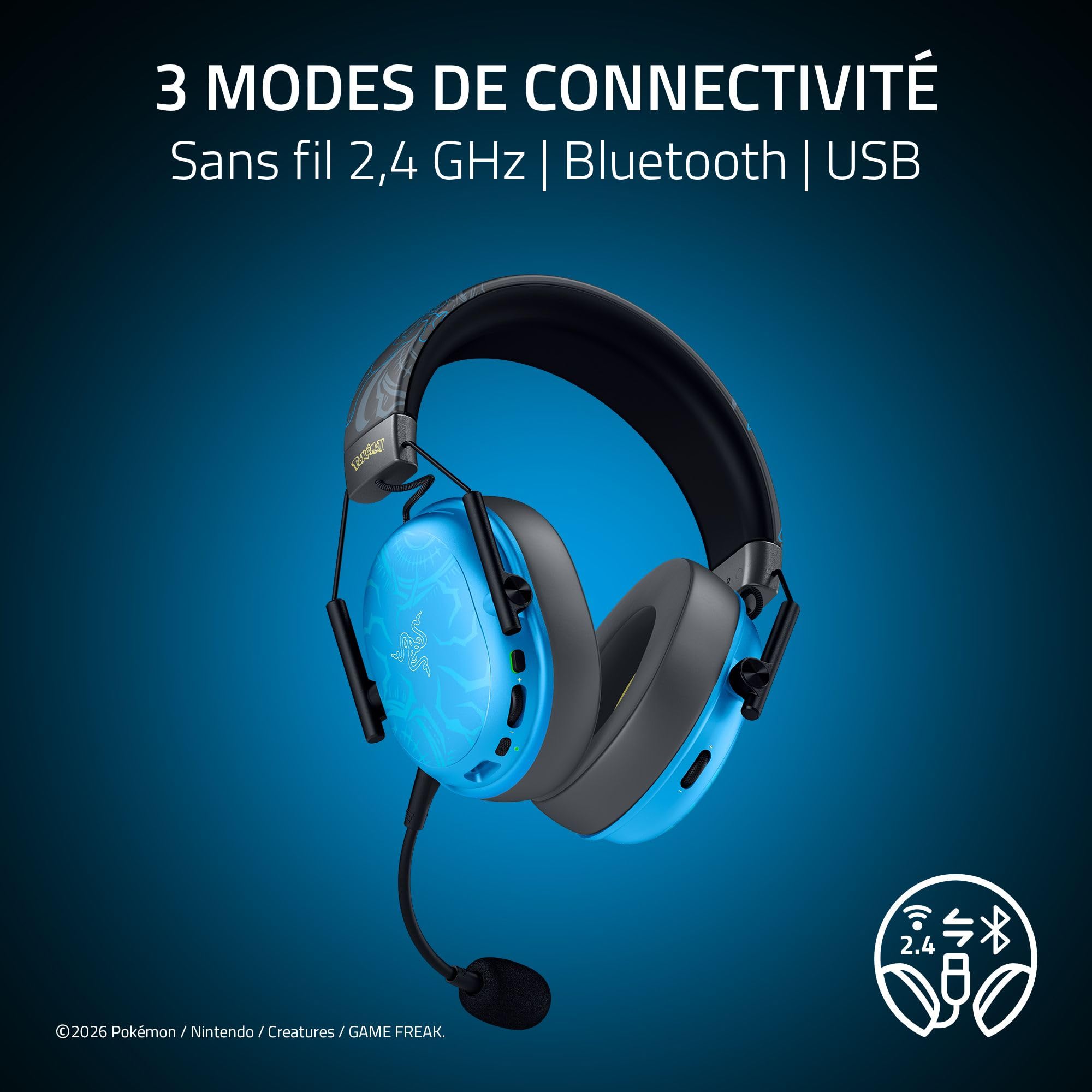 Razer BlackShark V3 X HyperSpeed Pokémon - Casque Gaming sans Fil - 270 g - Haut-parleurs Triforce 50 mm - Micro Amovible - Son Surround - sans Fil 2,4 GHz et Bluetooth | Lucario