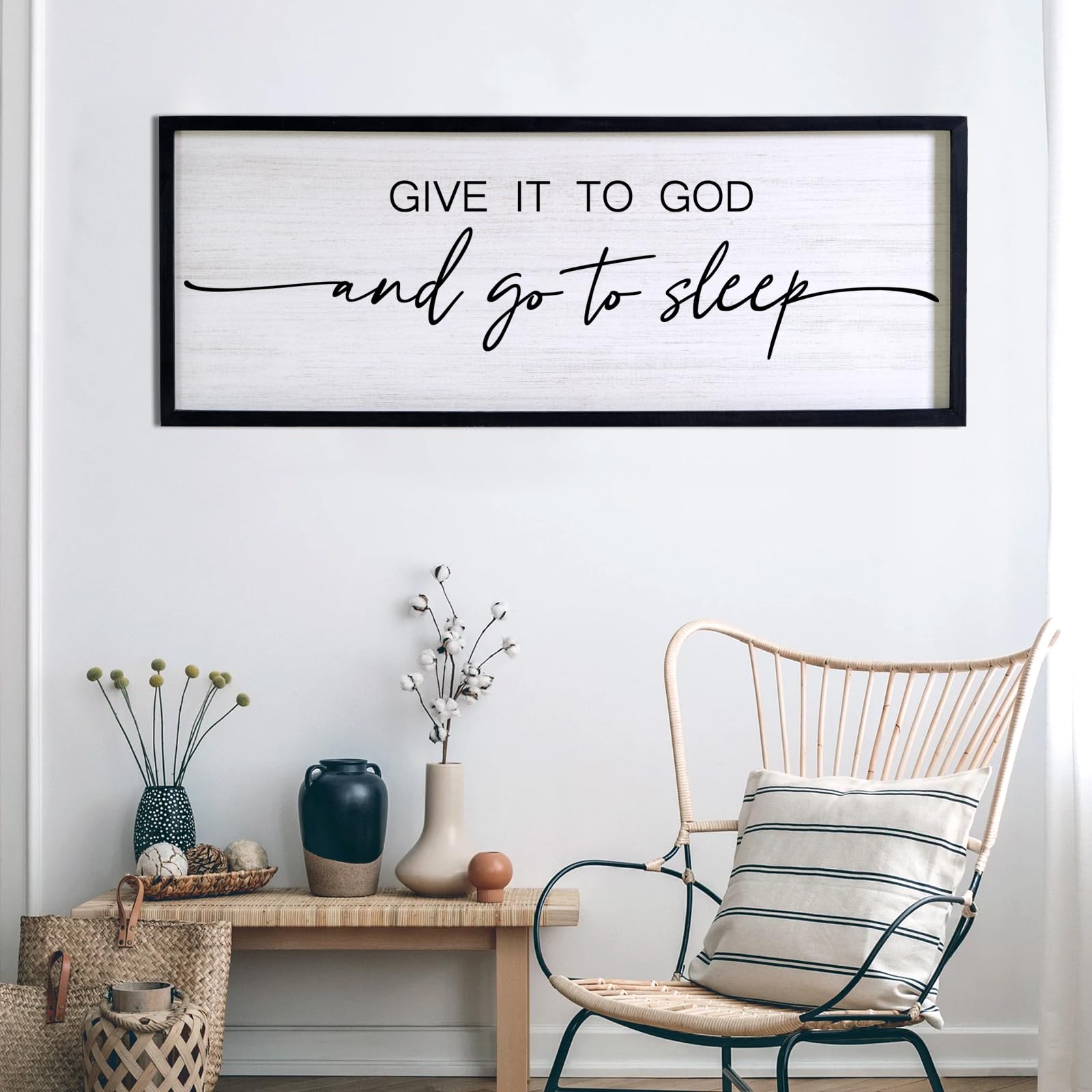 Give It to God and Go to Sleep Decorative Rustic Sign & Plaque Framed Wall Art for Couples, 40''×15'' Cottagecore Wooden Horizontal Wall Decor Above Bed, Vintage Farmhouse Wedding Gift for Bedroom