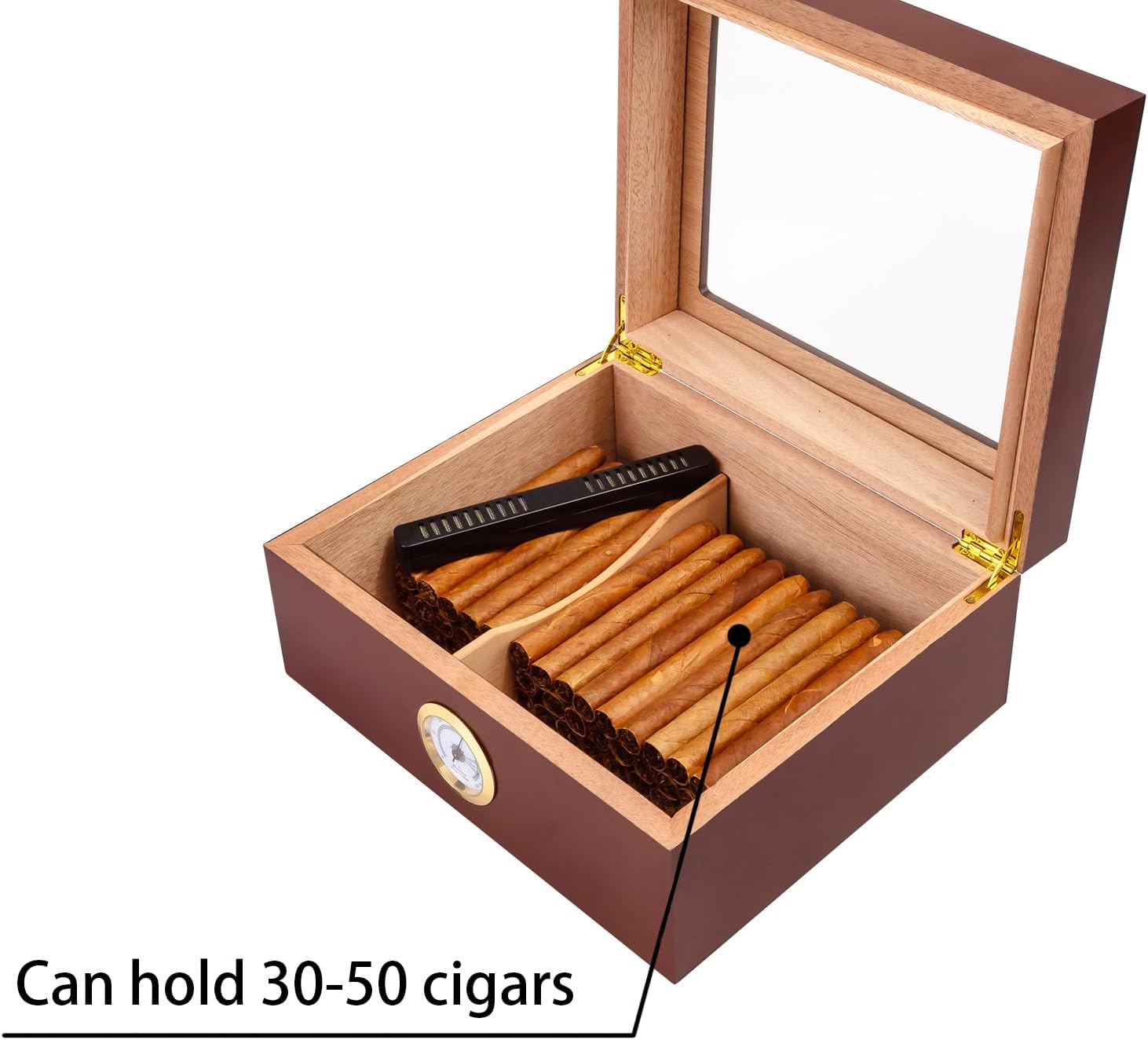 Somduy Cigar Humidor for 30-50 Cigars with Humidifier and Hygrometer,Desktop Cedar Wood Cigar Box Storage Case with Divider, Glass for Men,Rustic Brown