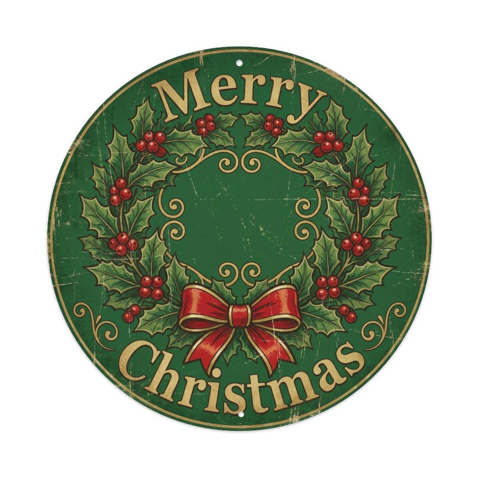 Merry Christmas Festive Wreath Holly Metal Tin Sign