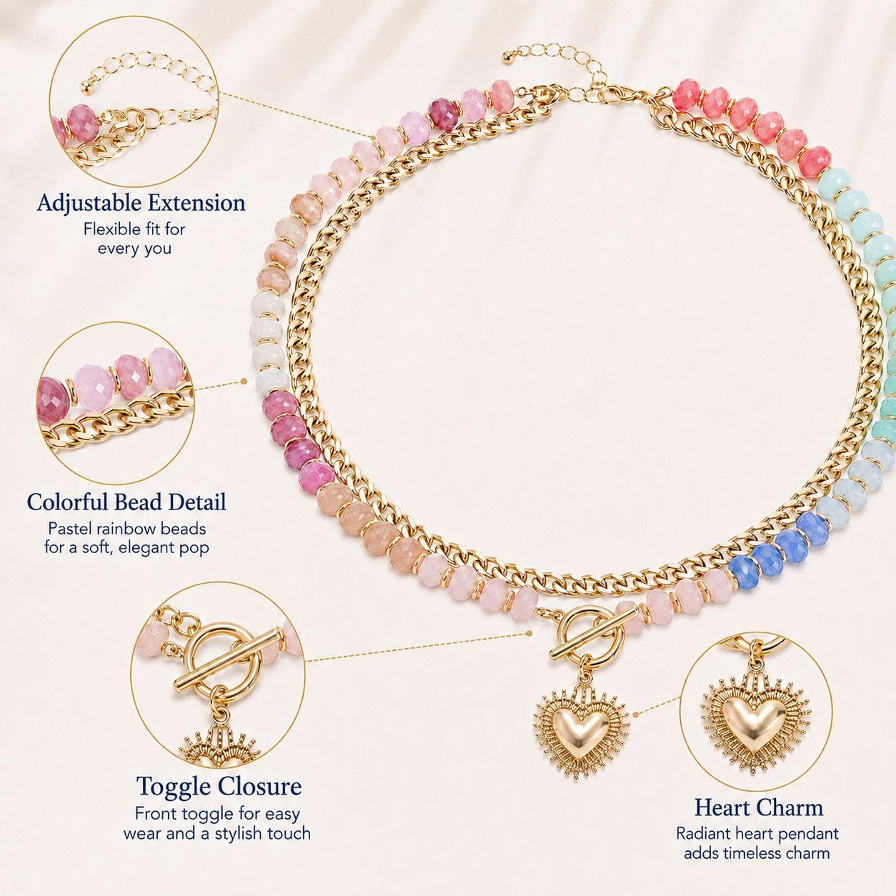 Chunky Beaded Necklace for Women Heart Pendant Colorful Beaded Gold Tone Heart Charm Gold Chain Choker Y2K Dopamine Jewelry Statement Adjustable Chain Cute Trendy Summer Beach Ocean Jewelry Gift