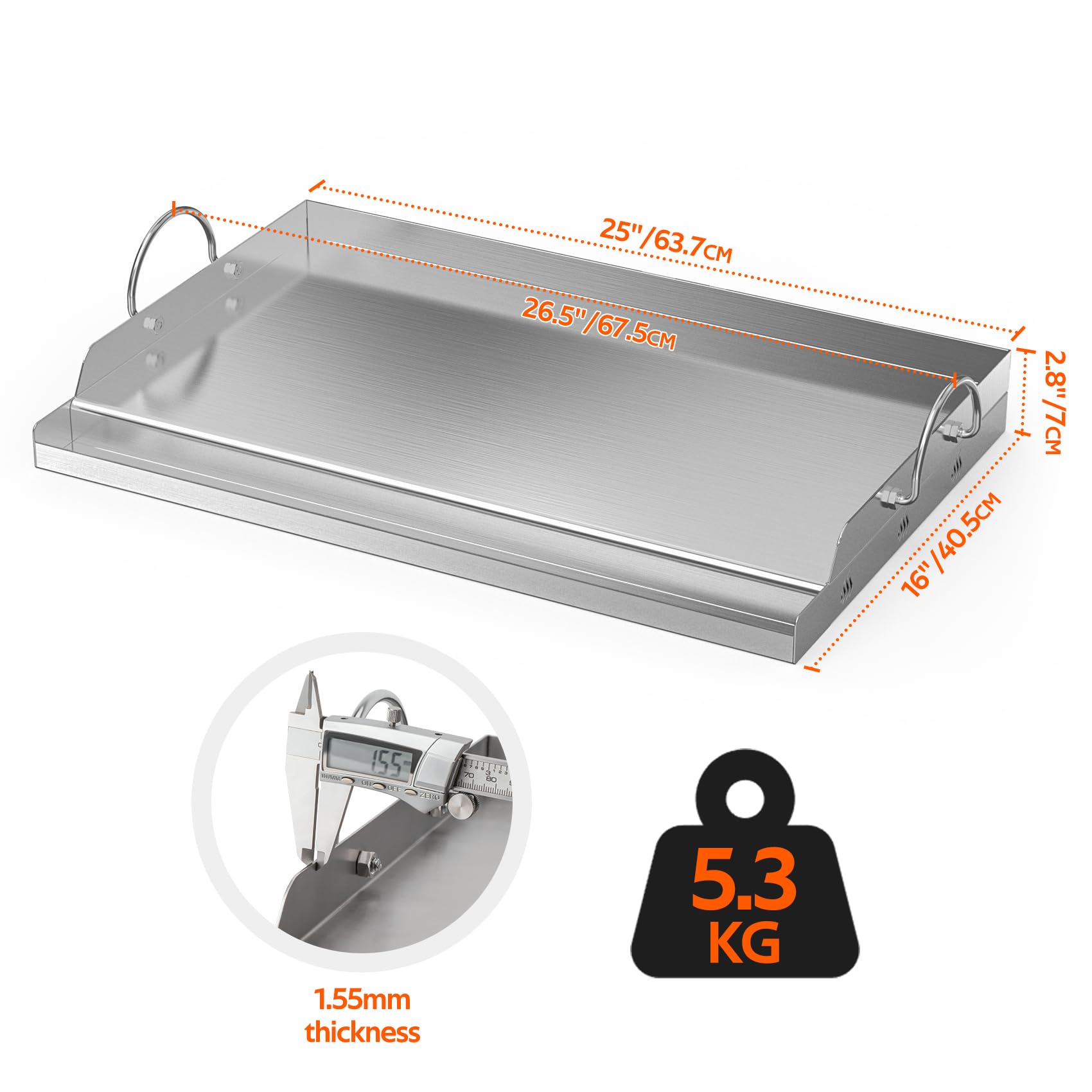 onlyfire Plancha para Barbacoa Universal de Acero Inoxidable para La Mayoría de Barbacoas de Gas y Carbón, Placa de Parrilla Grande para Cocinar y Acampar, 67.5x40.5x7cm