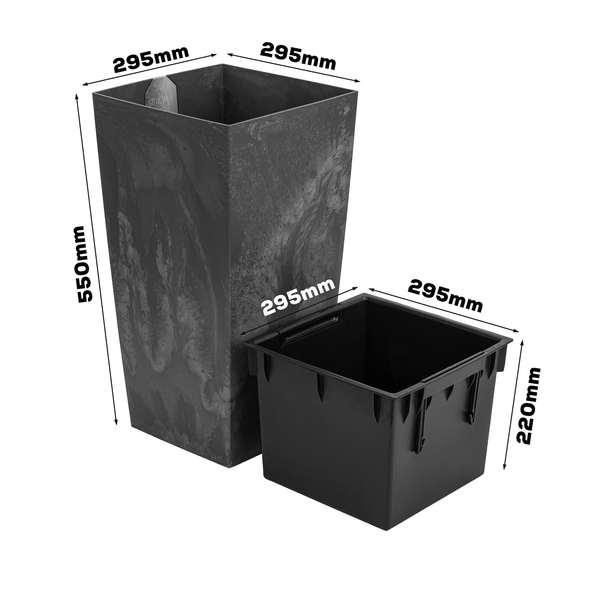 Blumenkübel 35 L mit Einsatz 22 L Beton-Optik H 550 mm Blumentopf aus Kunststoff Pflanzkübel Übertopf Quadrat Beton Struktur Grau Marengo Farbe für Innen/Außenbereiche Garten Patio Wohnzimmer Terrasse
