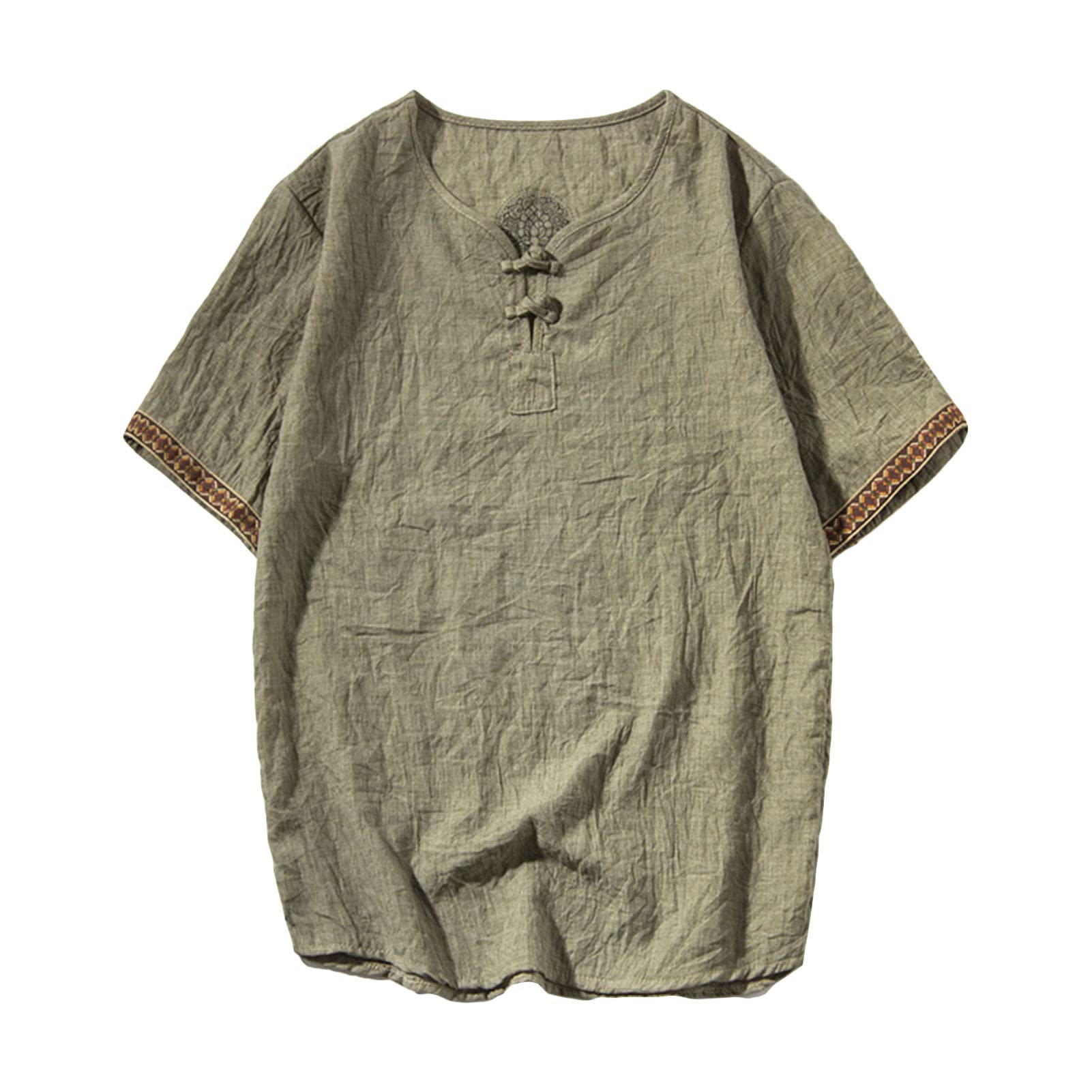 JEsilunmaMY Mens Loose Cotton Linen Henley Shirts Short Sleeve Chinese Embroidered Linen T-Shirt Plus Size Summer Beach Shirt (US Size 4XL Asia 5XL,Green)