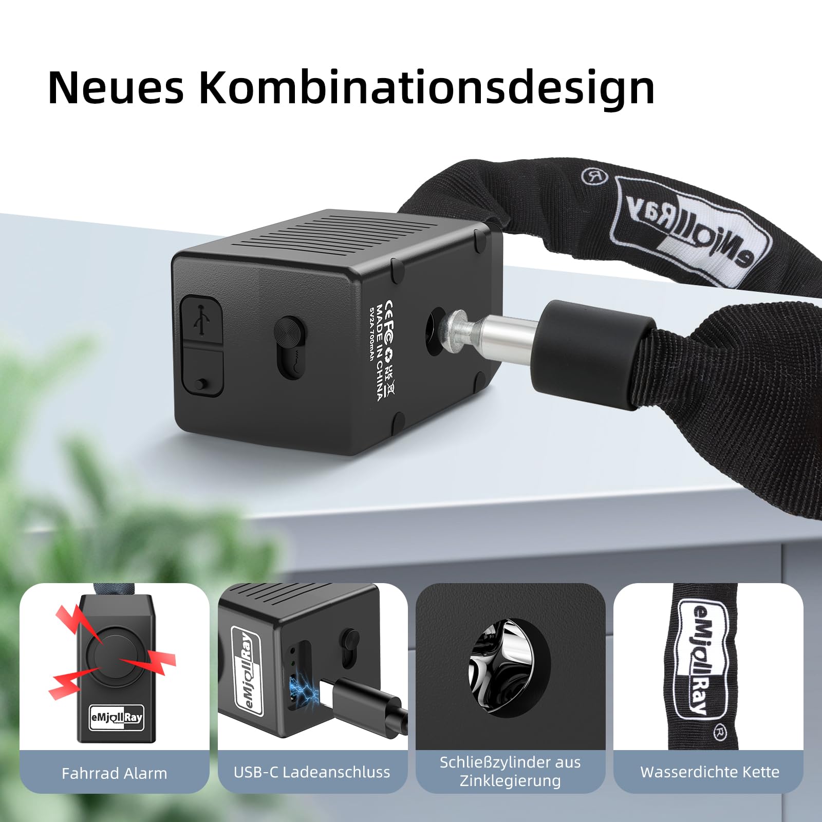 120cm Fahrradschloss mit Alarm 110dB Fahrrad Alarmanlage Schloss für E Scooter Ebike Fahrradschloss Hohe Sicherheit 8mm Dickes Kettenschloss, 2 Fernbedienungen,3 Schlüssel,USB C Kabel,Tasche