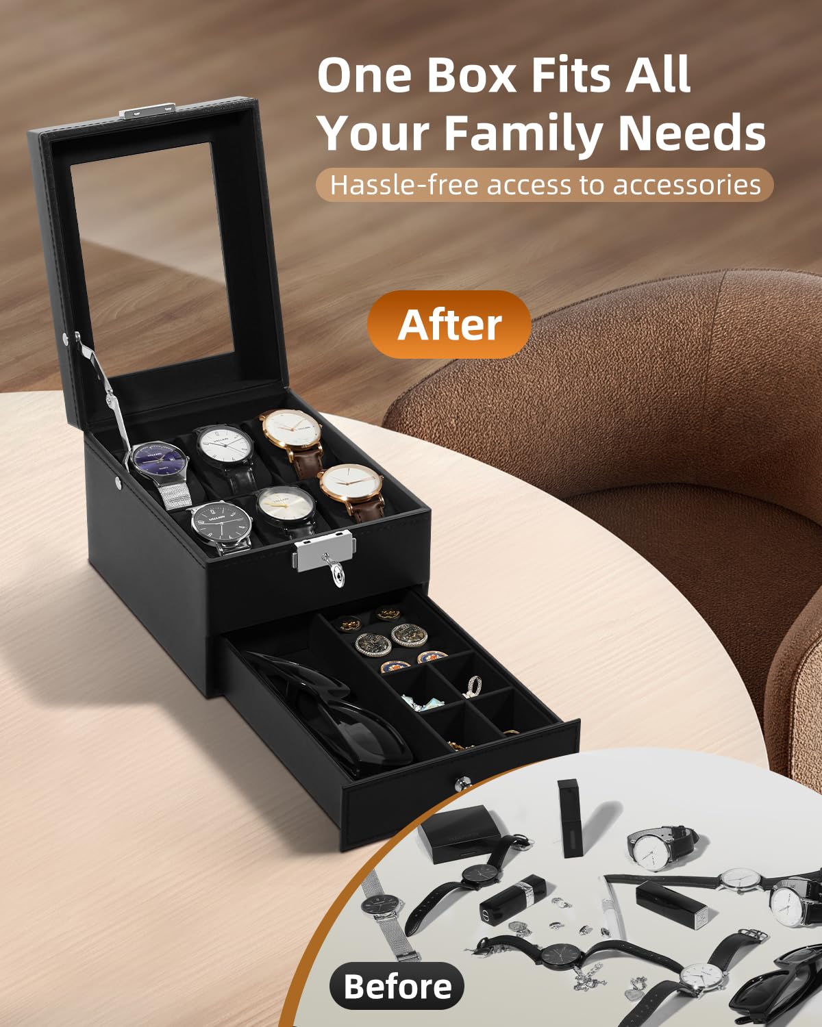 Uten Watch Box 6 Slots, 2-Tier Watch Case with Key Lock, Glass Lid - Image 3