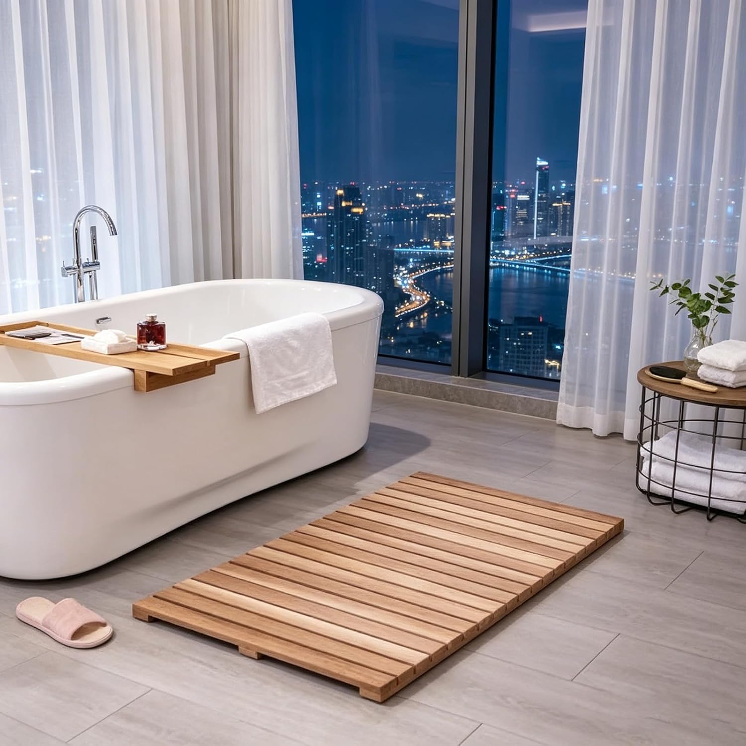 Large Teak Wooden Floor Mats for Home Hotel Bathroom Bathtub, Non Slip Wood Bath Mat for Outside Inside Shower Rv, Custom Sturdy Bathroom Shower Mat(28x32in(71x81cm))