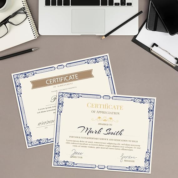 Certificate Paper, 50 Sheets Blank Certificate Paper with Blue Border for Graduation Diploma, Achievement Awards, Recognition Documents etc, Laser and Inkjet Printer Friendly, 8.5x11 inches