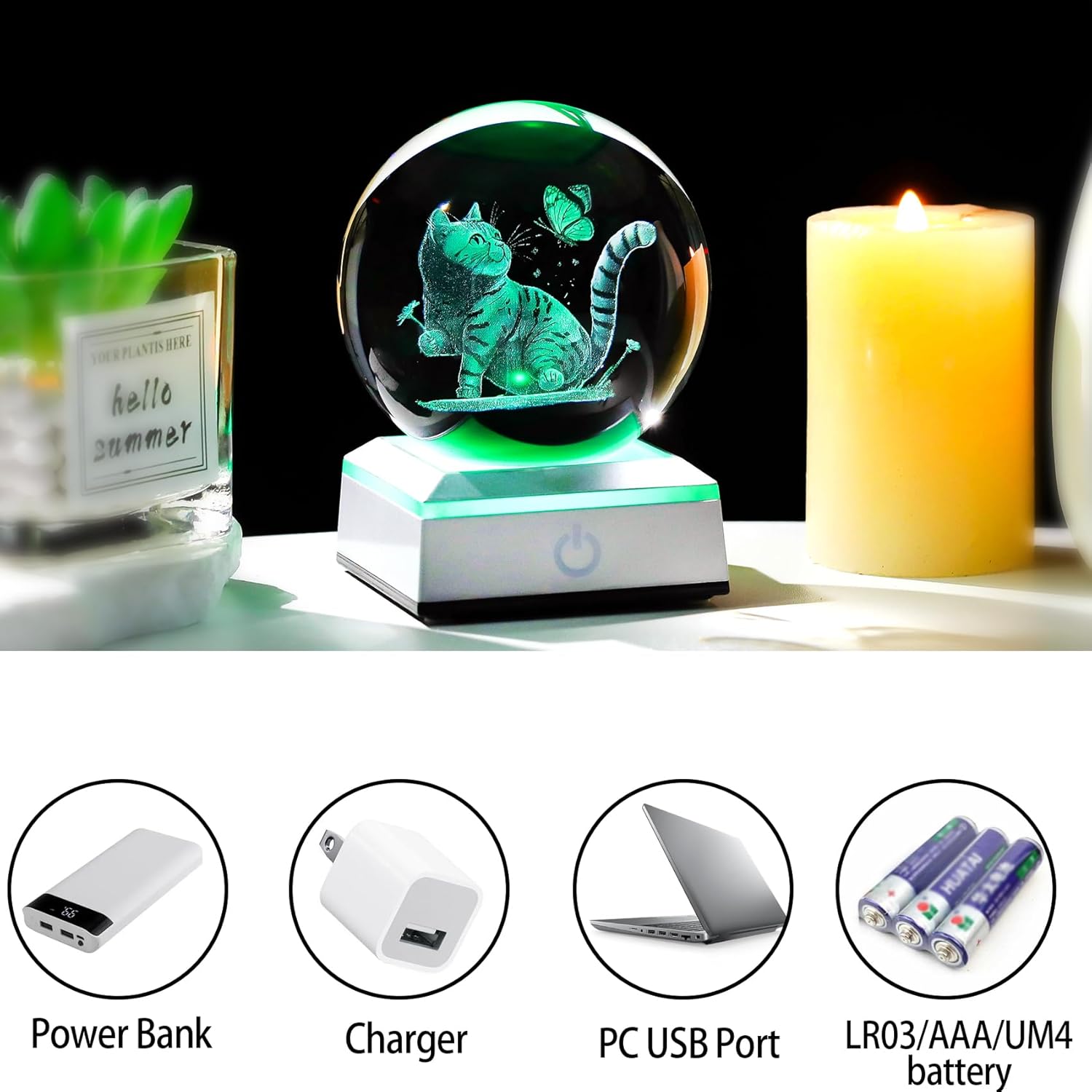3D Cat Themed Gifts for Women, Mom - 3.15in Crystal Ball Engraved Cat Butterflies with LED Light Base - Mother's Day Birthday Cat Night Light Figurine for Home Decor