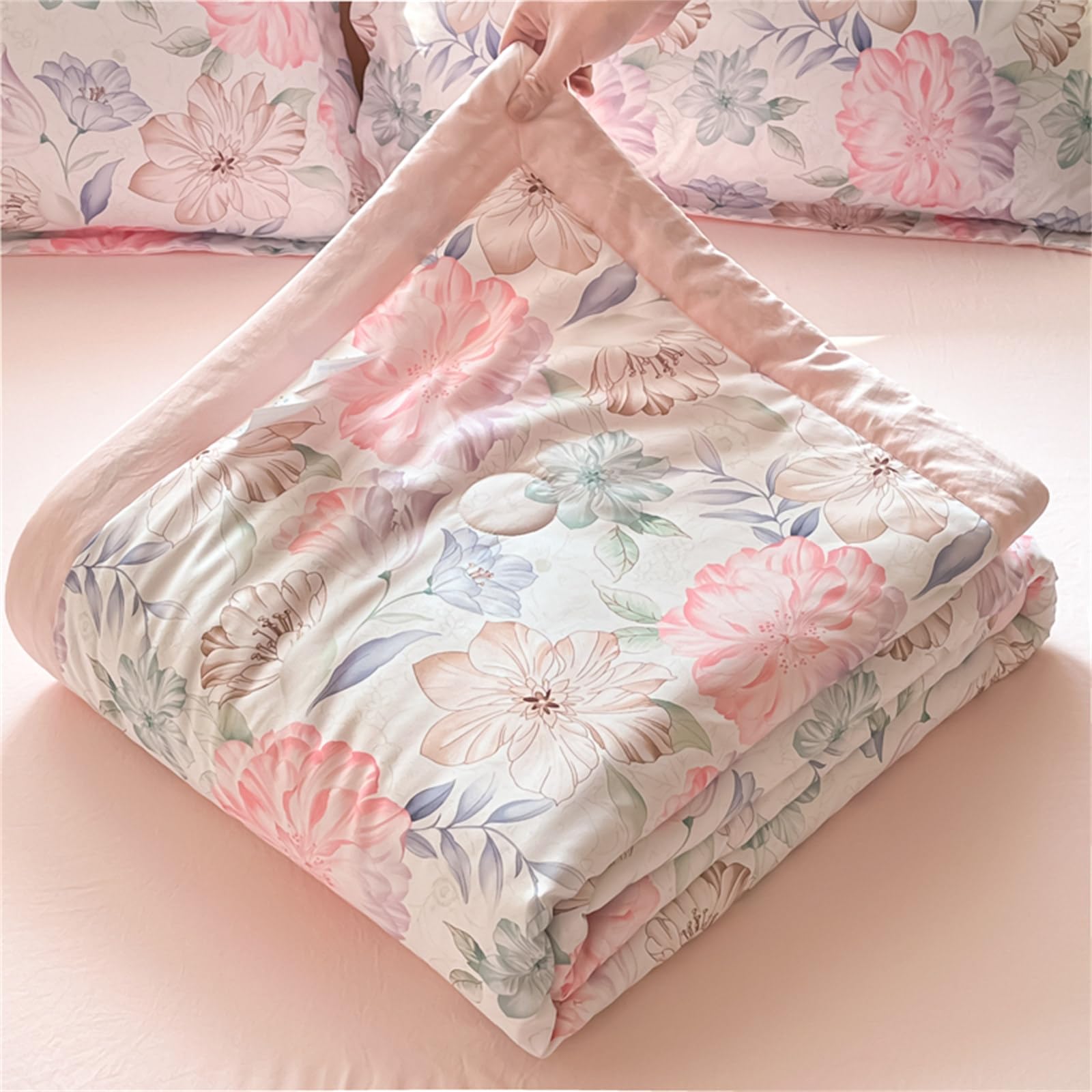 Chickwin Coverless Duvet 4.5 Tog Quilted Bedspreads Double Single King, Reversible Lightweight Microfiber Coverlets Quilt Comforter Easy Care Sofa Blanket Throw (Pink Chrysanthemum,180x220cm)