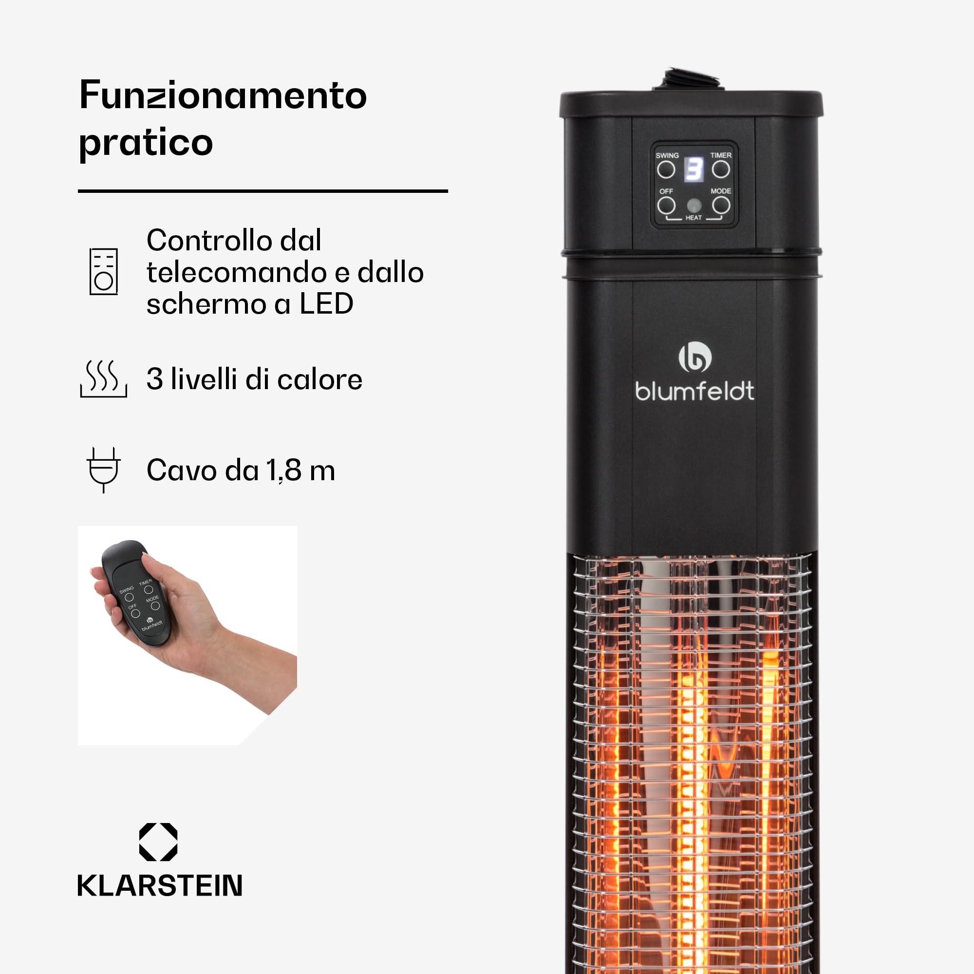 Klarstein Stufa Elettrica Basso Consumo, Colonnina Elettrica per Interno ed Esterno 2000W, Termosifone Elettrico, Pannello Radiante Infrarossi, Stufetta Con Oscillazione, IP44, No CO2