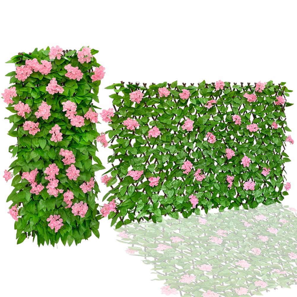 Expandable Fence Privacy Screen Faux Ivy Decorative for Outdoor Garden Wall Patio Balcony, Artificial Hedge Lattice Fencing(Single Sided Leaves) (1, Hydrangea-Pink)