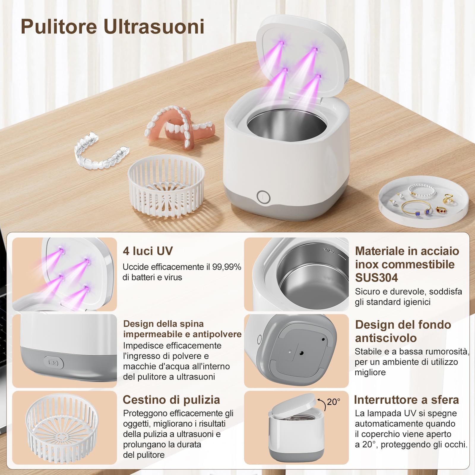 Pulitore Ultrasuoni Portatile 45000Hz con Luce UV | 24W | 200ML | Ultrasonic Cleaner per Protesi, Bite, Allineatori, Ferule Dentali e Gioielli