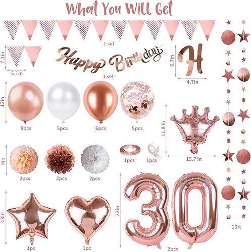 Miniatura 2 de Decoraciones de cumpleaños número 30 para mujer globos de aluminio de cumpleaños número 30 pancarta de cumpleaños número 30 guirnalda de banderines