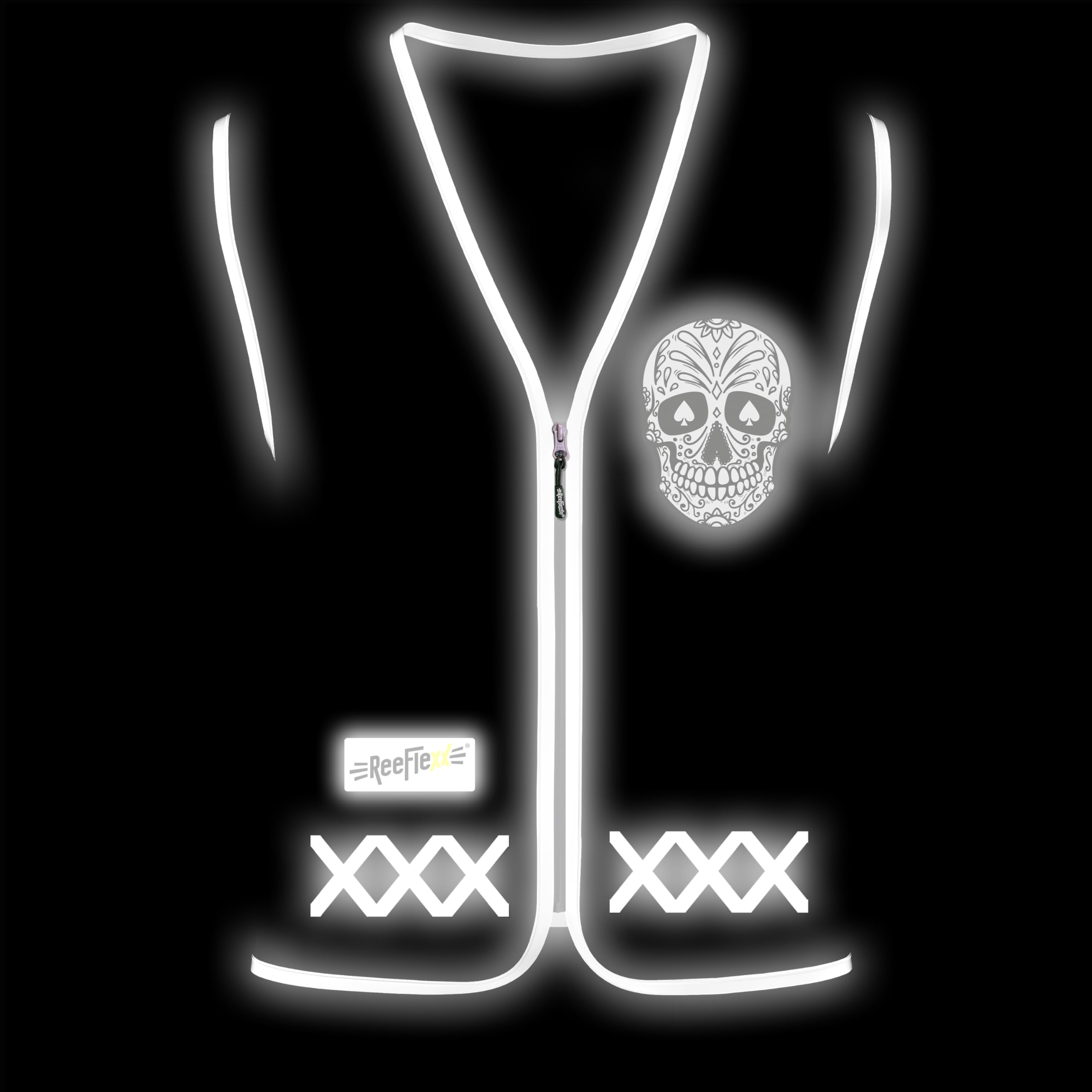 REEFLEXX Warnweste Damen Sicherheitsweste, erhöhte Sichtbarkeit im Straßenverkehr, Joggen, Fahrrad oder Auto, Black White Skull, Größe XL
