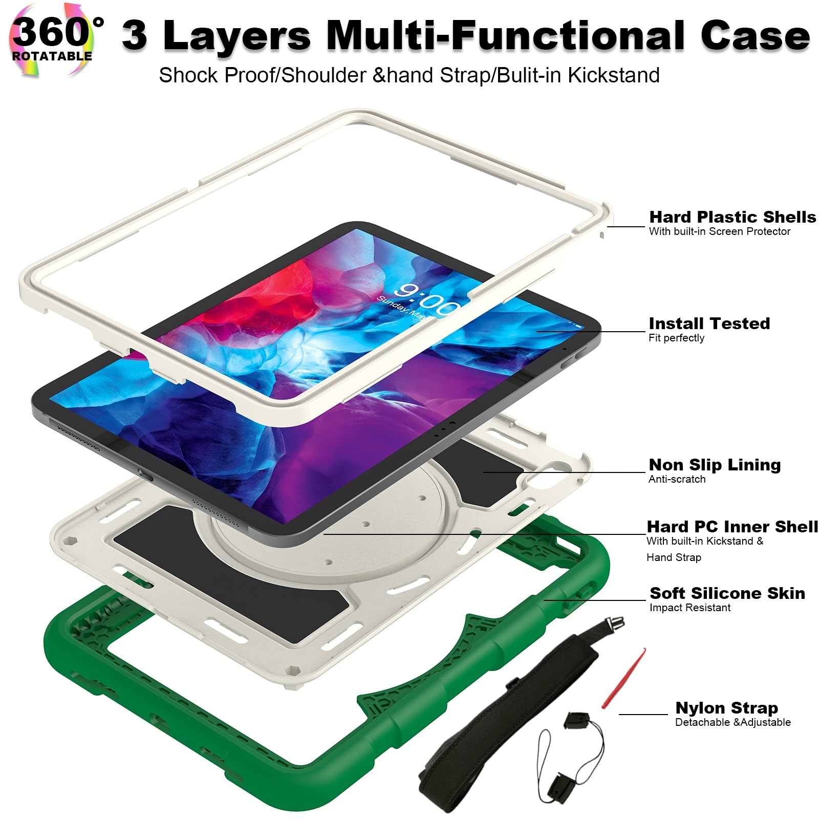 Custodia protettiva per tablet PC compatibile con iPad di 10a generazione 11,9 pollici 2022, custodia protettiva antiurto integrale con guscio infrangibile W supporto girevole a 360°+cinghia da