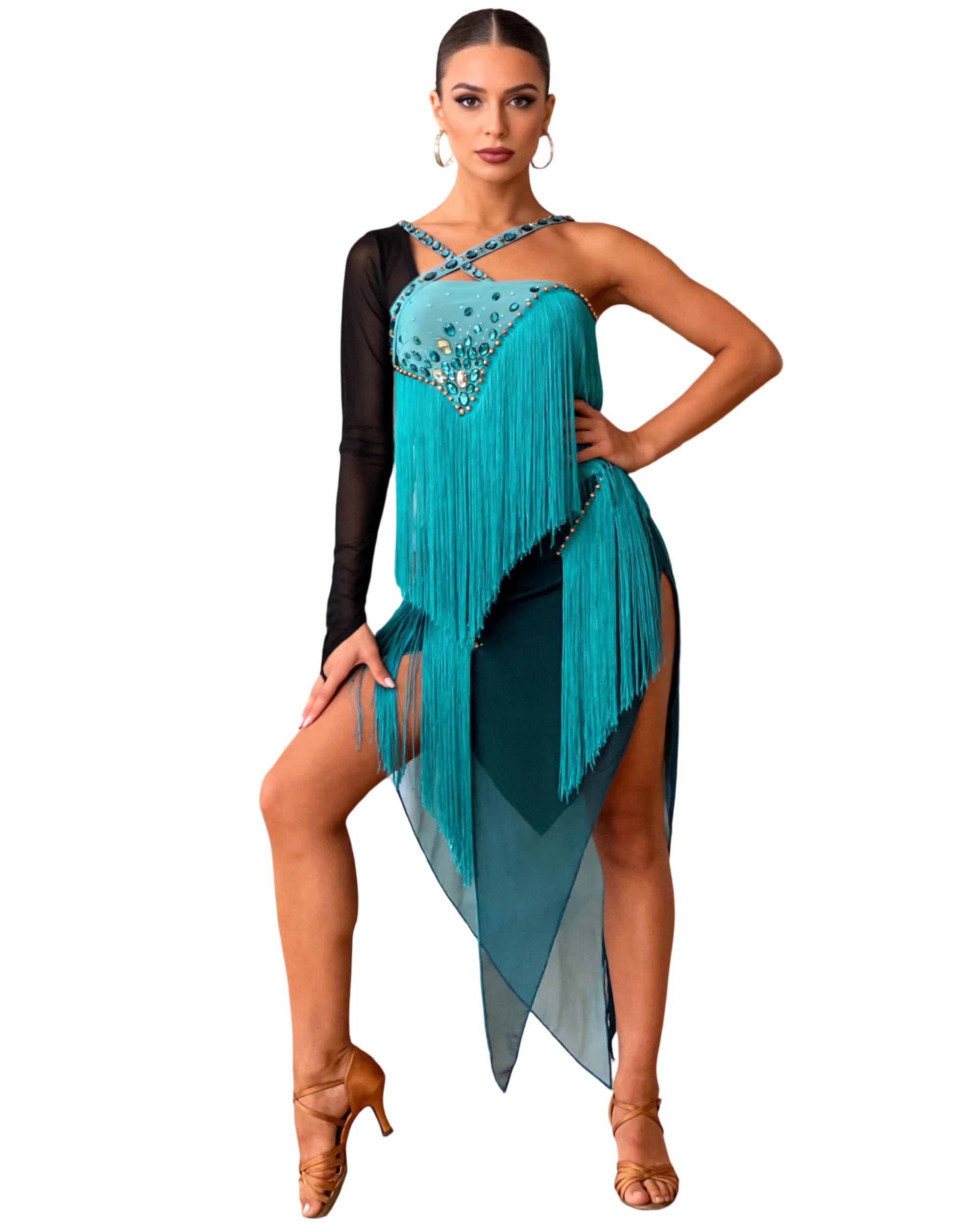 ROYAL SMEELA Damen Fransen Latein Tanzkleid mit Strass,lateinisches Tanz Kleid für Frauen, Tango Samba Rumba Salsa Kleid mit Asymmetrische Ärmel