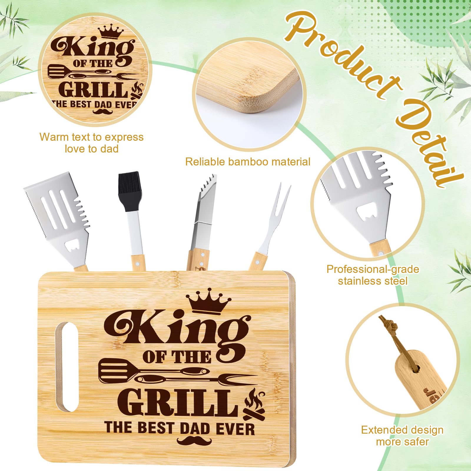 Honeydak Juego de regalos para el día del padre para papá y hombres de hija e hijo, juego de herramientas de parrilla de barbacoa, accesorios con espátula de acero inoxidable, tenedor, cepillo grabado