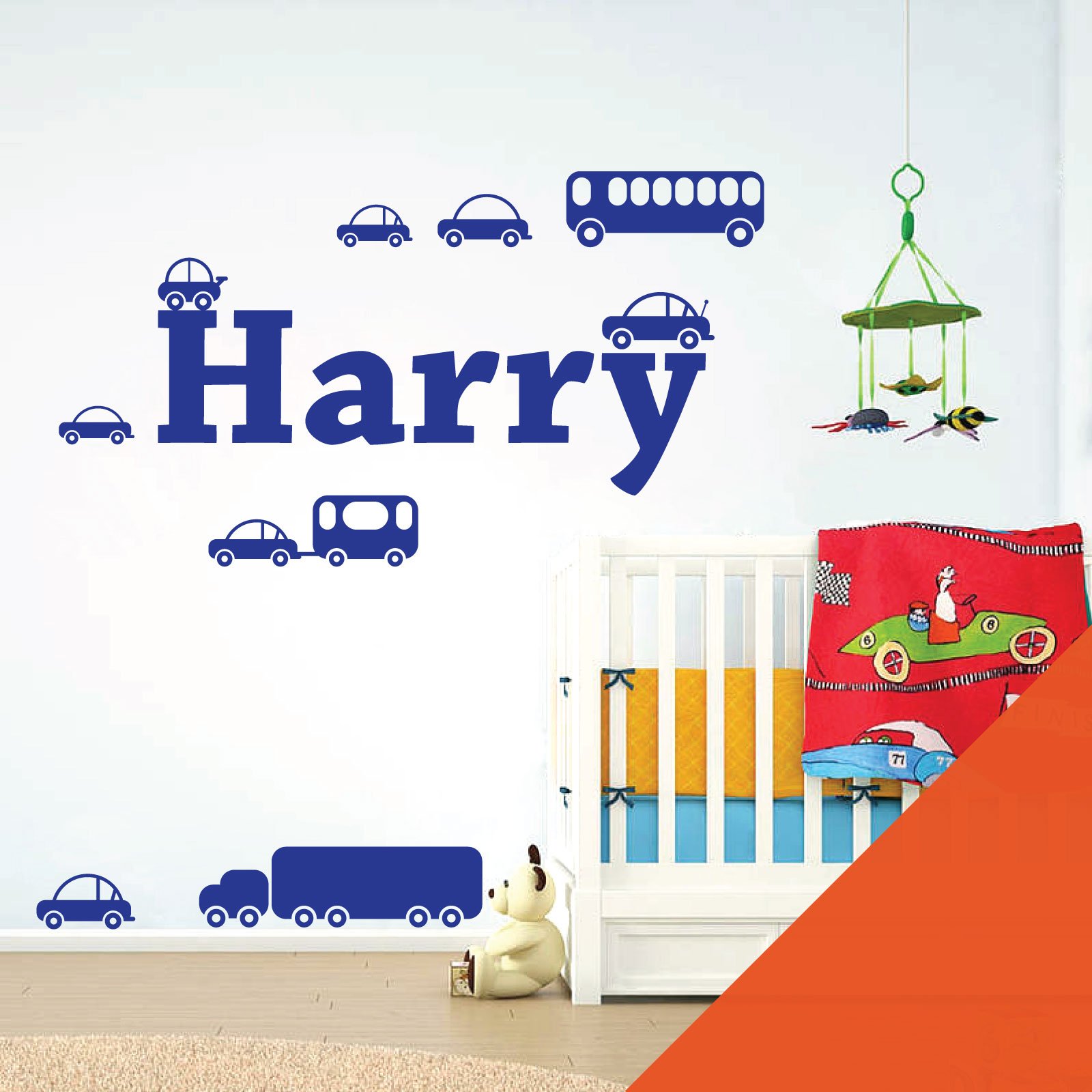 Personalised Name Boys Wall Art Sticker - Cartoon Trucks, Cars, Bus, Caravan, Taxi Set [Medium] [Orange] — image 1
