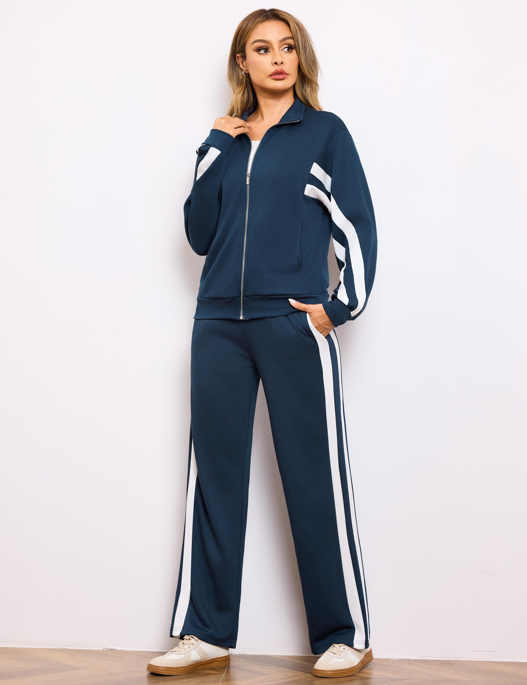 Terecey Dres damski pełny zestaw sportowy bluza w kontrastowych kolorach i długie spodnie proste wygodne i oddychające ubrania sportowe na co dzień i spacer