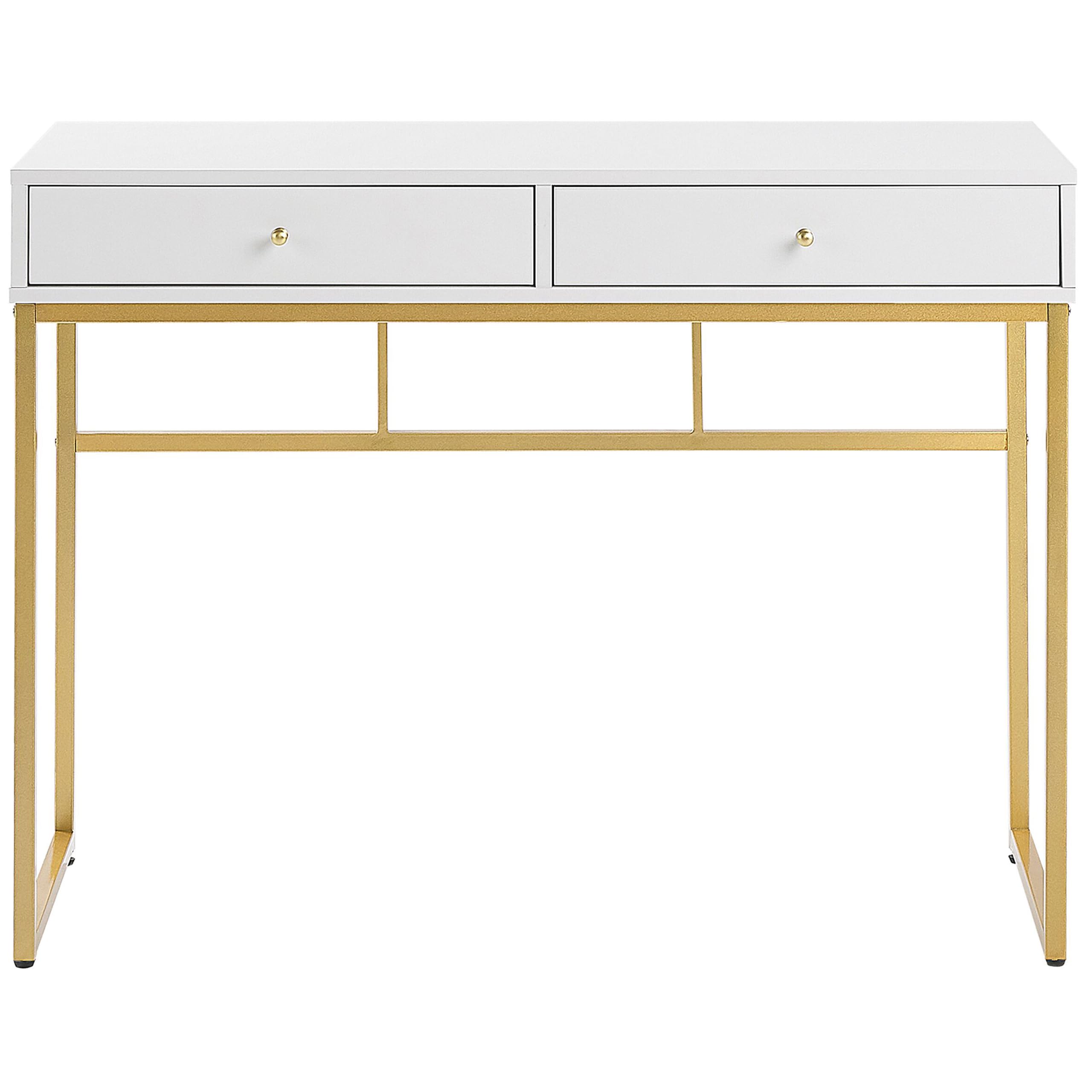 Beliani Console Bureau à Domicile Glamour à 2 Tiroirs à Base en Métal Doré et Plateau Blanc Daphne