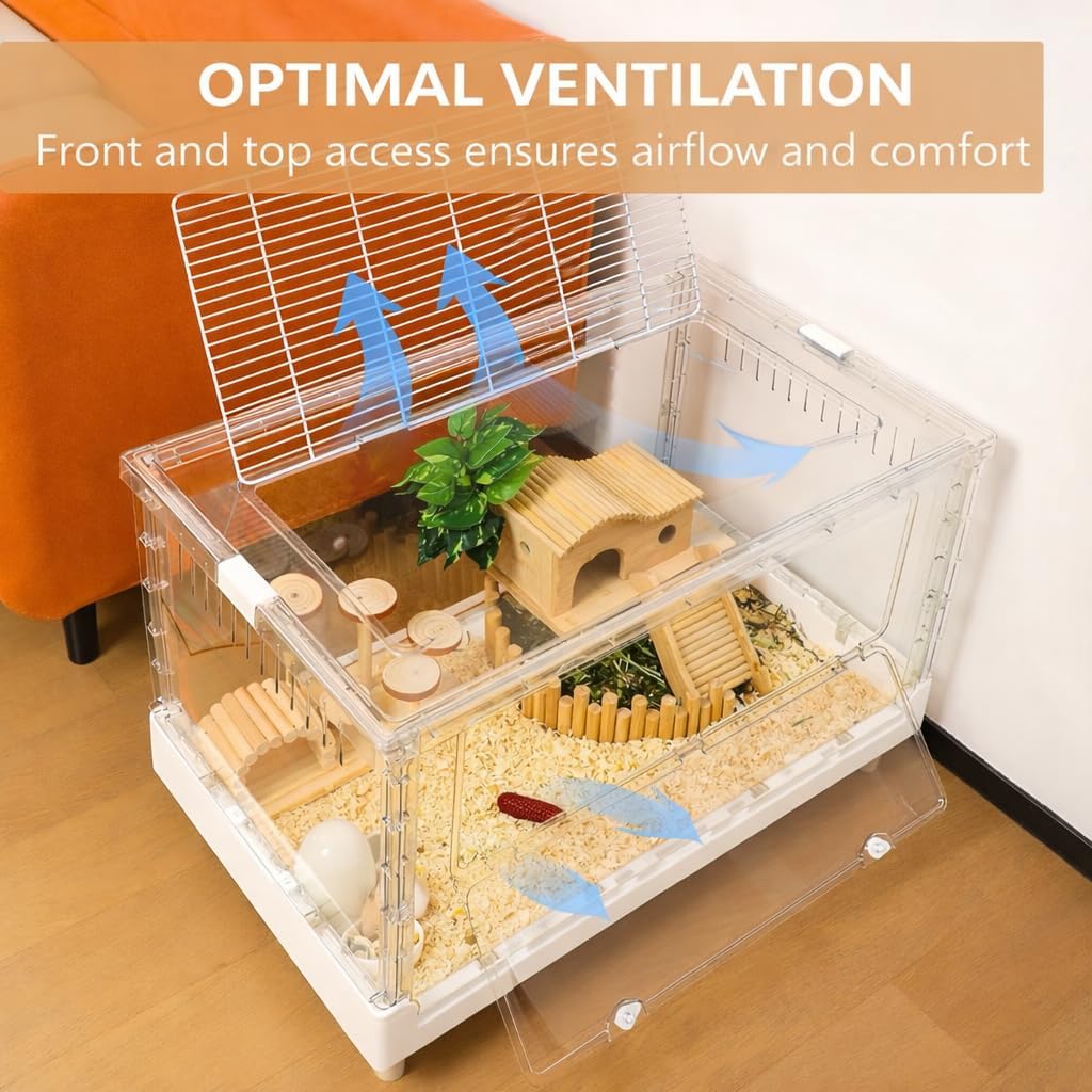 Extra Tall Foldable Clear Hamster Cage with Front Door, Deep Base Habitat for Thick Bedding & Burrowing, Easy Clean Wire Mesh Top Ventilation, Escape Proof Enclosure, 27.5x17x16 in