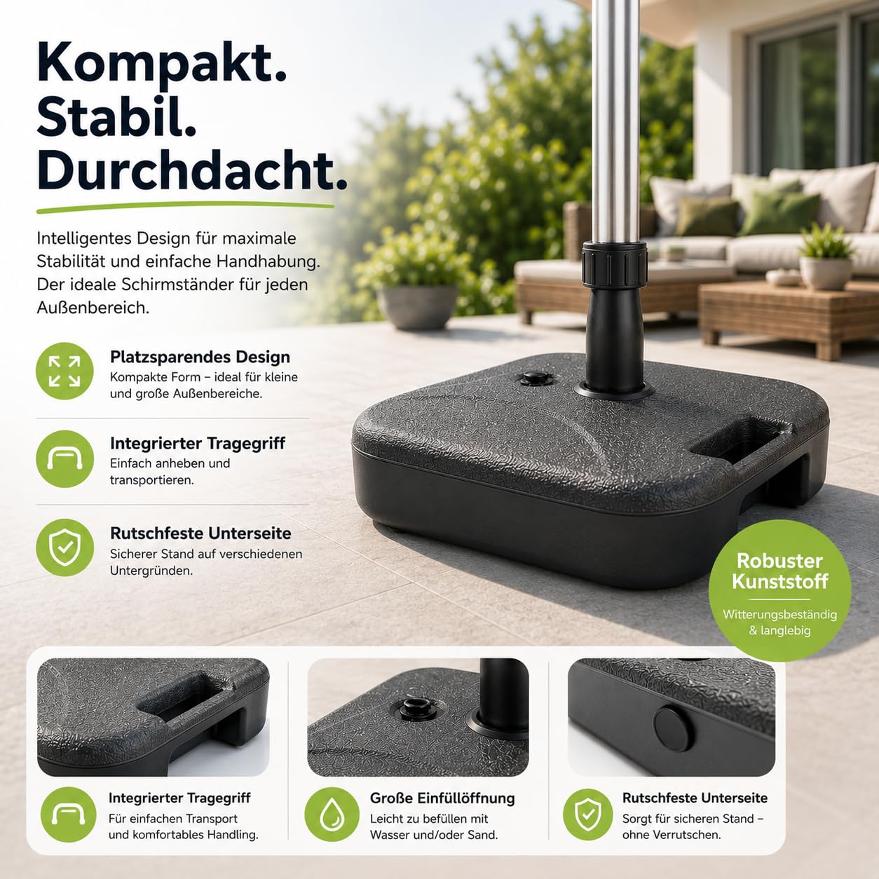 Sonnenschirmständer für Ampelschirme – Schirmgewichte zum Befüllen für Bodenkreuze aus Kunststoff – Schirmständer Sonnenschirm Ampelschirmständer (Einteilig bis 30 kg, Kunststoff)