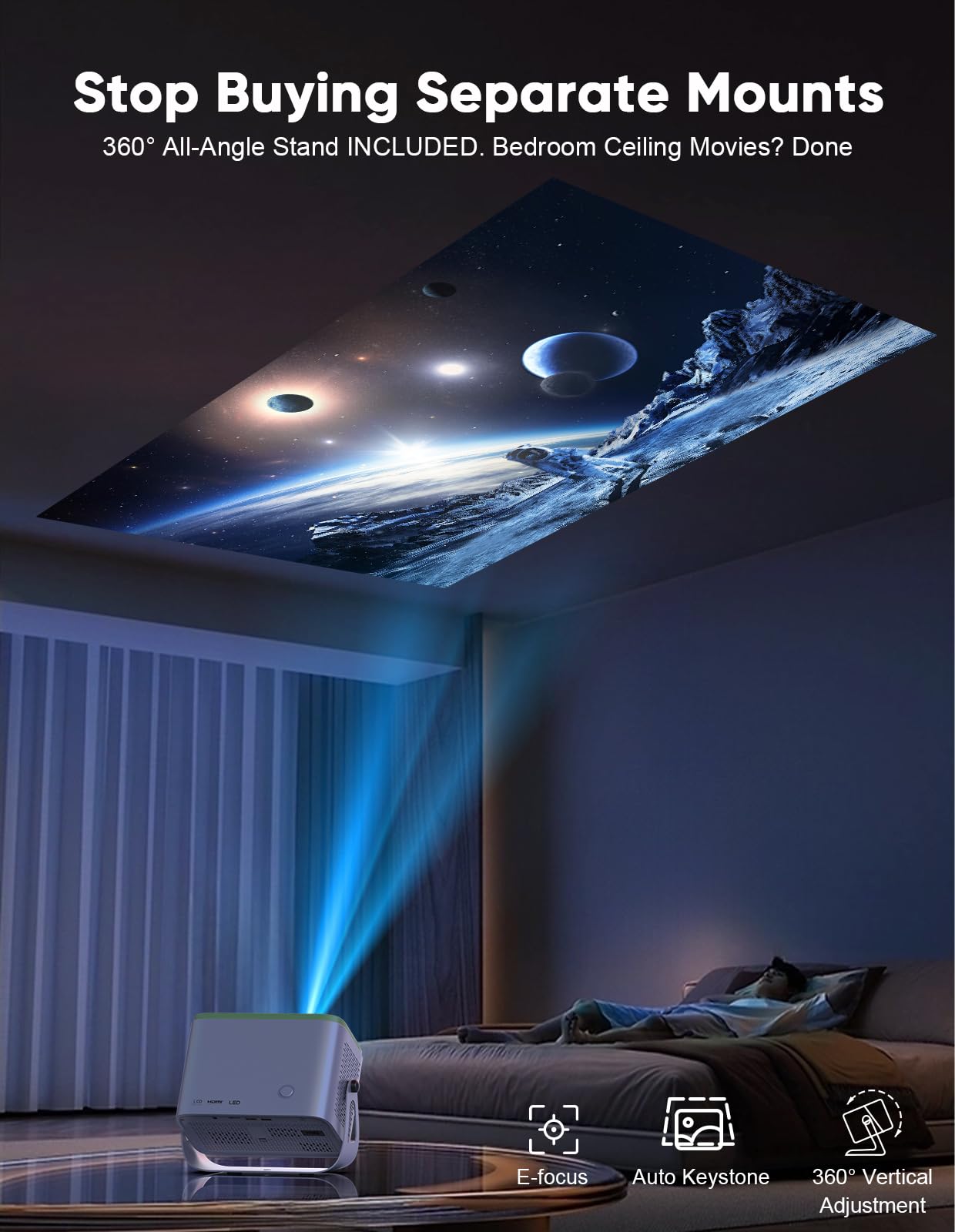 [Compatibile con Netflix e Dolby Audio] Proiettore intelligente TMY con WiFi e Bluetooth, vero supporto 4K per esterni, Keystone automatico e supporto girevole a 360°, proiettore portatile per interni
