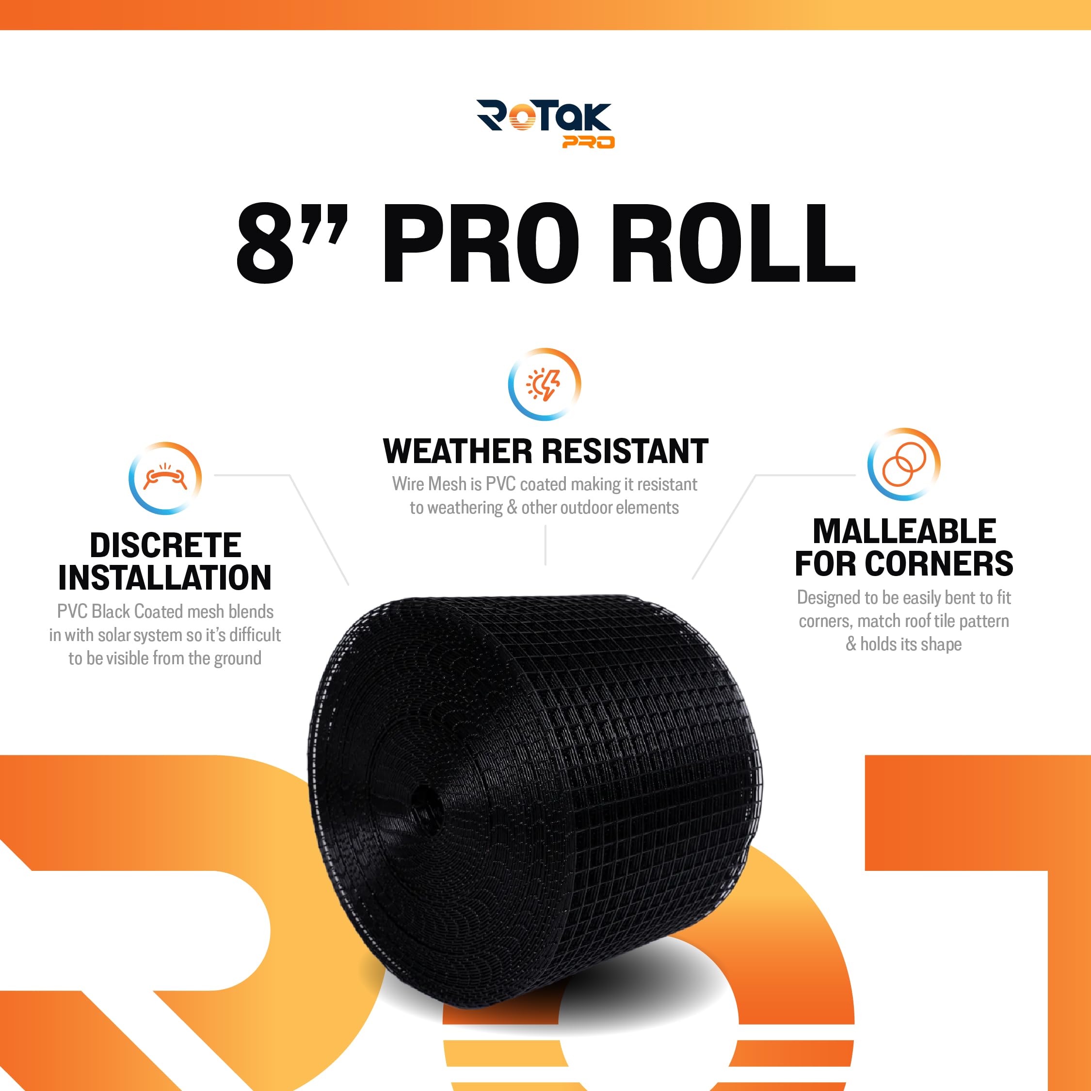 Rotak Critter Guard PRO - 8in x 100ft Solar Panel Bird Prevention Roll Kit with 100 Fastener Clips - Heavy Duty Galvanized Black PVC Coated ½ inch Wire Roll Mesh (8