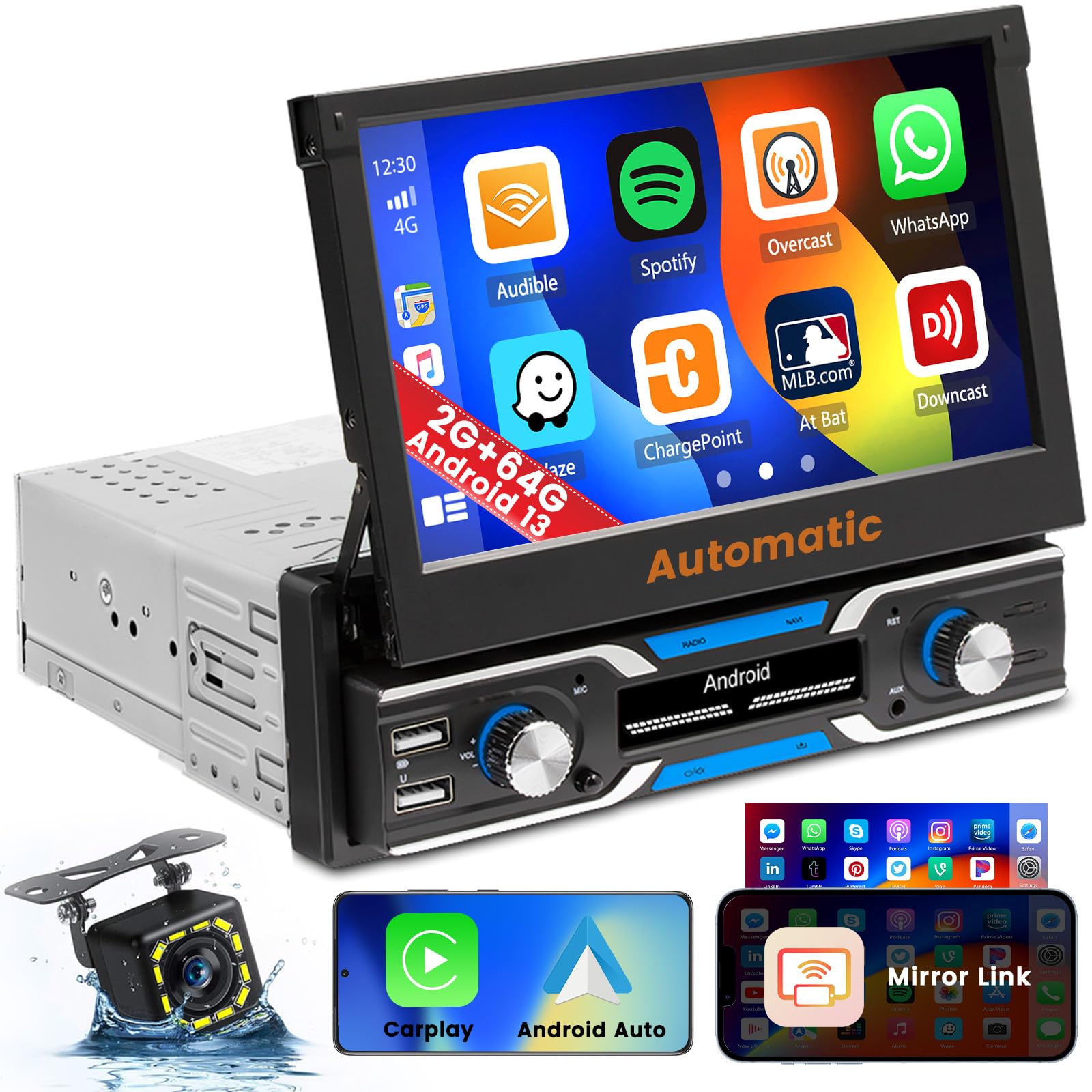 Hikity 2G 64G Android 13 Carplay Draadloze Autoradio 1 Din 7 Automatisch Intrekbaar Scherm Radio 1 Din GPS Auto Con WiFi Bluetooth Android Auto FM AUX 2USB Mirror Link SWC Achteruitrijcamera