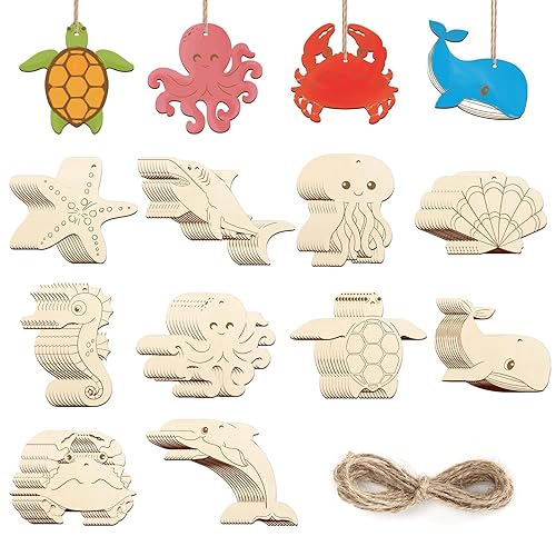 80PCS Wooden Sea Ornaments to Paint, 10 Styles DIY Blank