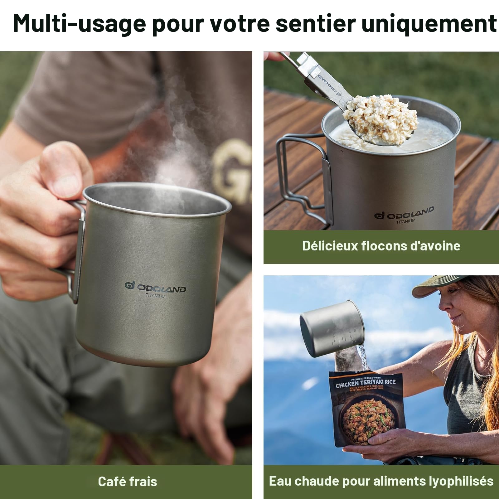 Odoland Tasses en titane 750 ml 420 ml avec couvercle et cuillère, poignée pliable pour camping randonnée voyage