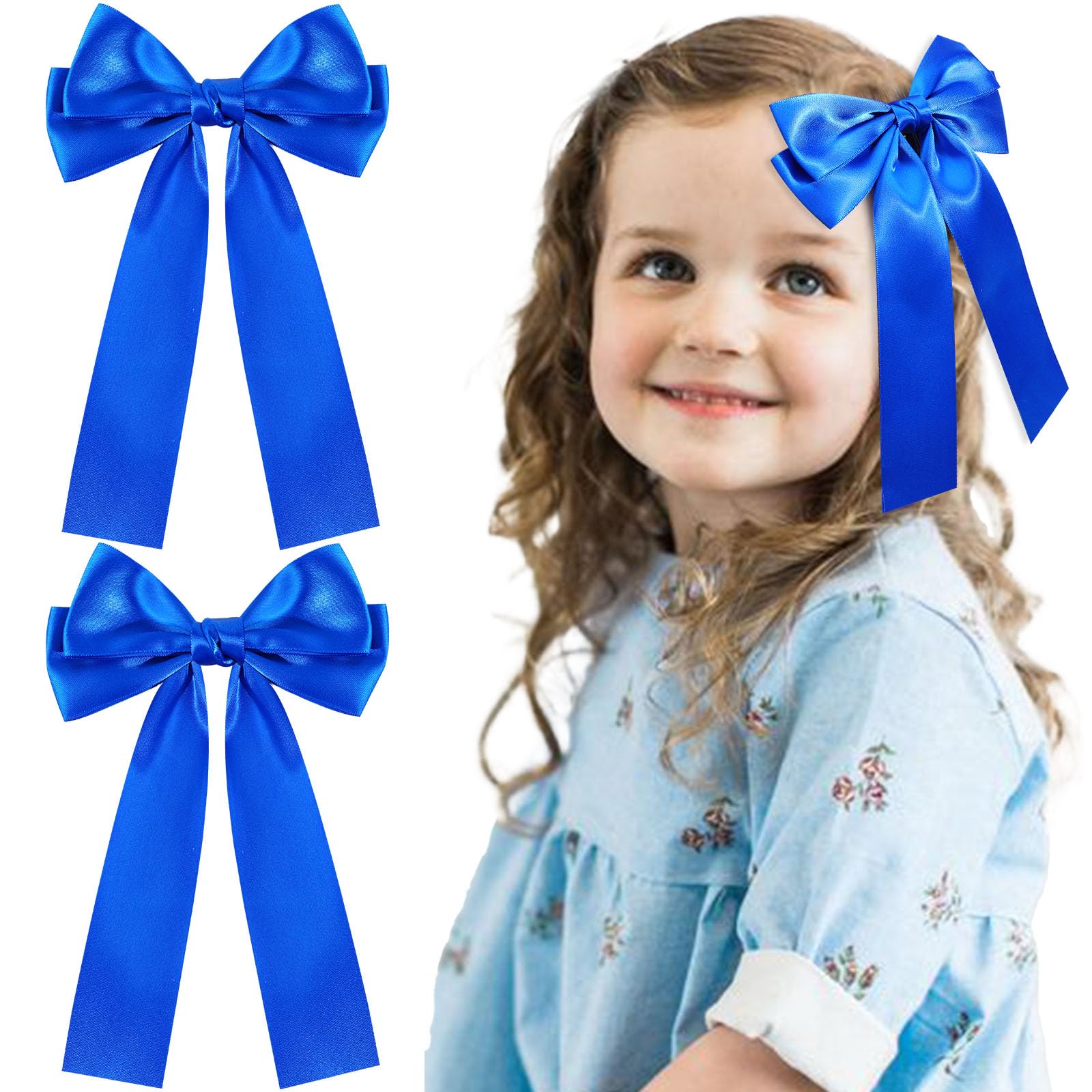2Pcs Hair Bows for Girls Hair Clip Blue Silk Hair Bow Ribbon Hair Accessories for Women Toddlers Infant Teens Kids