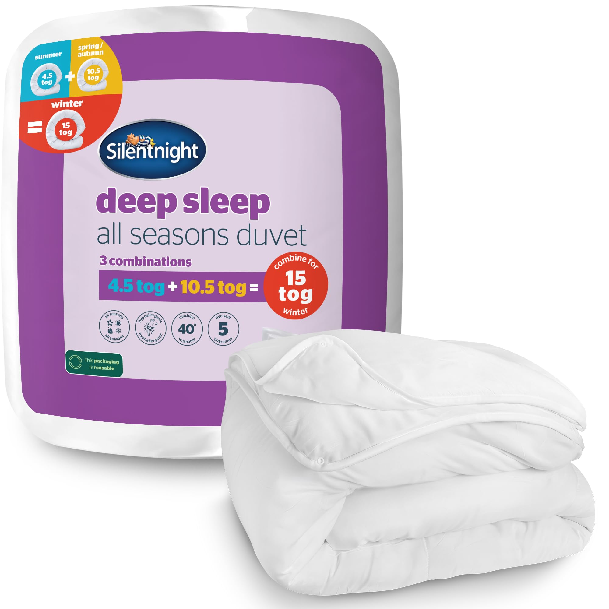Silentnight All Seasons 3 in 1 Duvet - 4.5 & 10.5 Tog Quilts Which Combine to Create a 15 ...