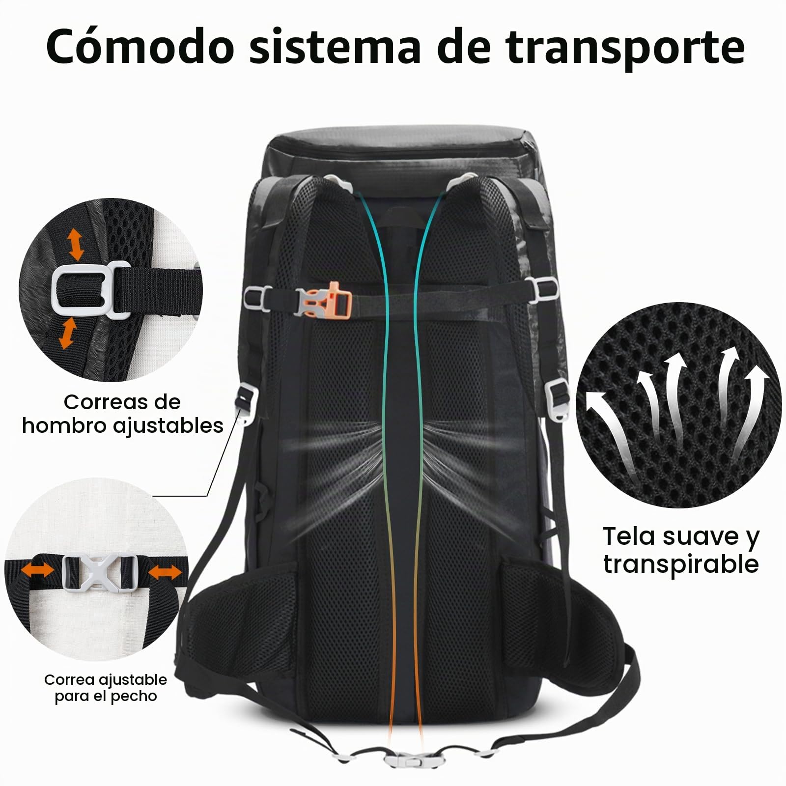 50L Grande mochila senderismo, mochila trekking con Apertura Frontal, mochila montaña impermeable para camping, mochila viaje Acampada para excursiones Deportes, Negro