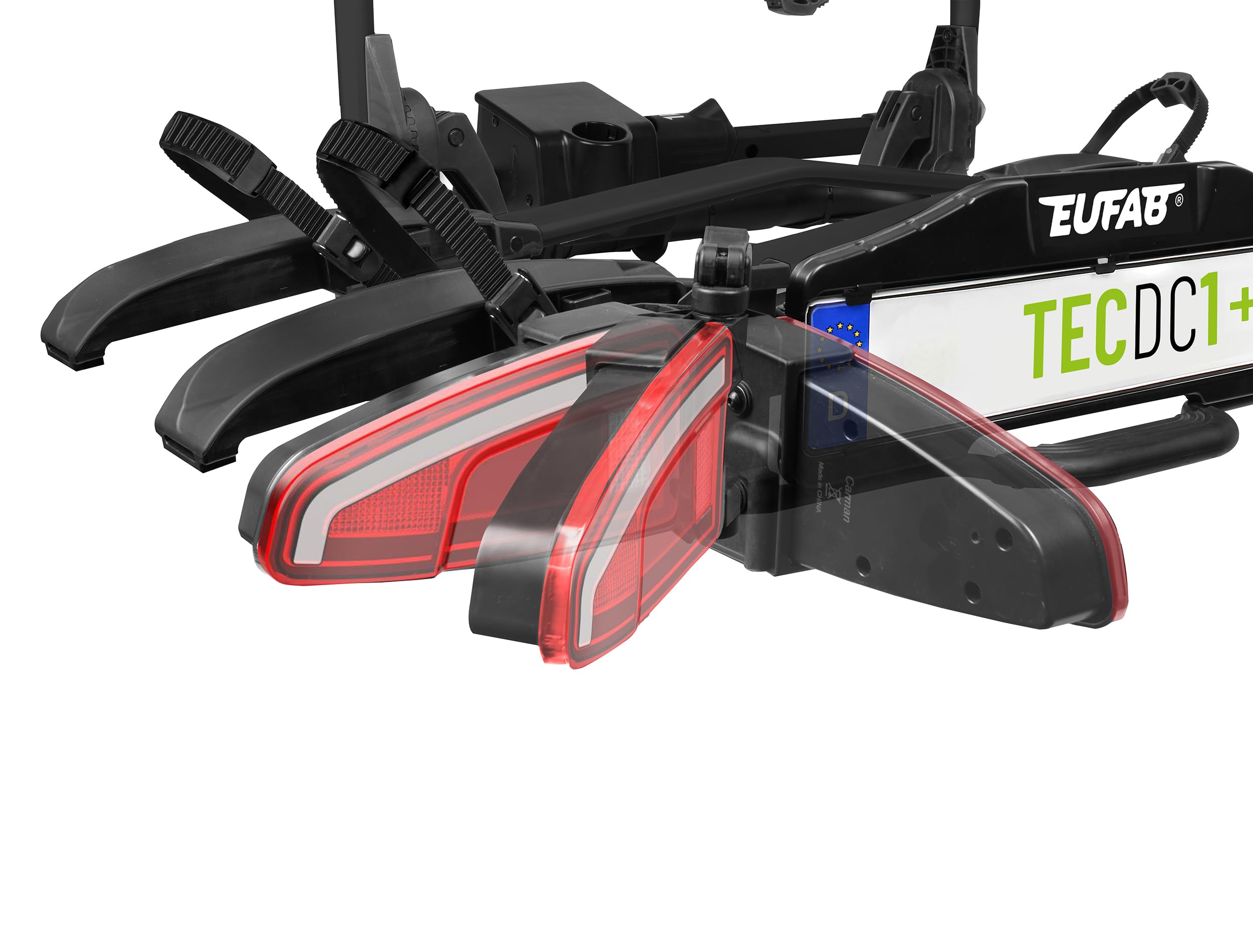 EUFAB 11650 Fahrradträger TECDC1+, Heckträger für 2 E-Bikes, 60 kg Nutzlast, abklappbar Fußpedal, LED-Rückleuchten, vormontiert, Schwarz