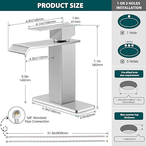 Miniatura 2 de Homikit Grifo de fregadero de baño de níquel cepillado, grifo de baño en cascada con drenaje desplegable, grifo de una sola manija para lavabo de