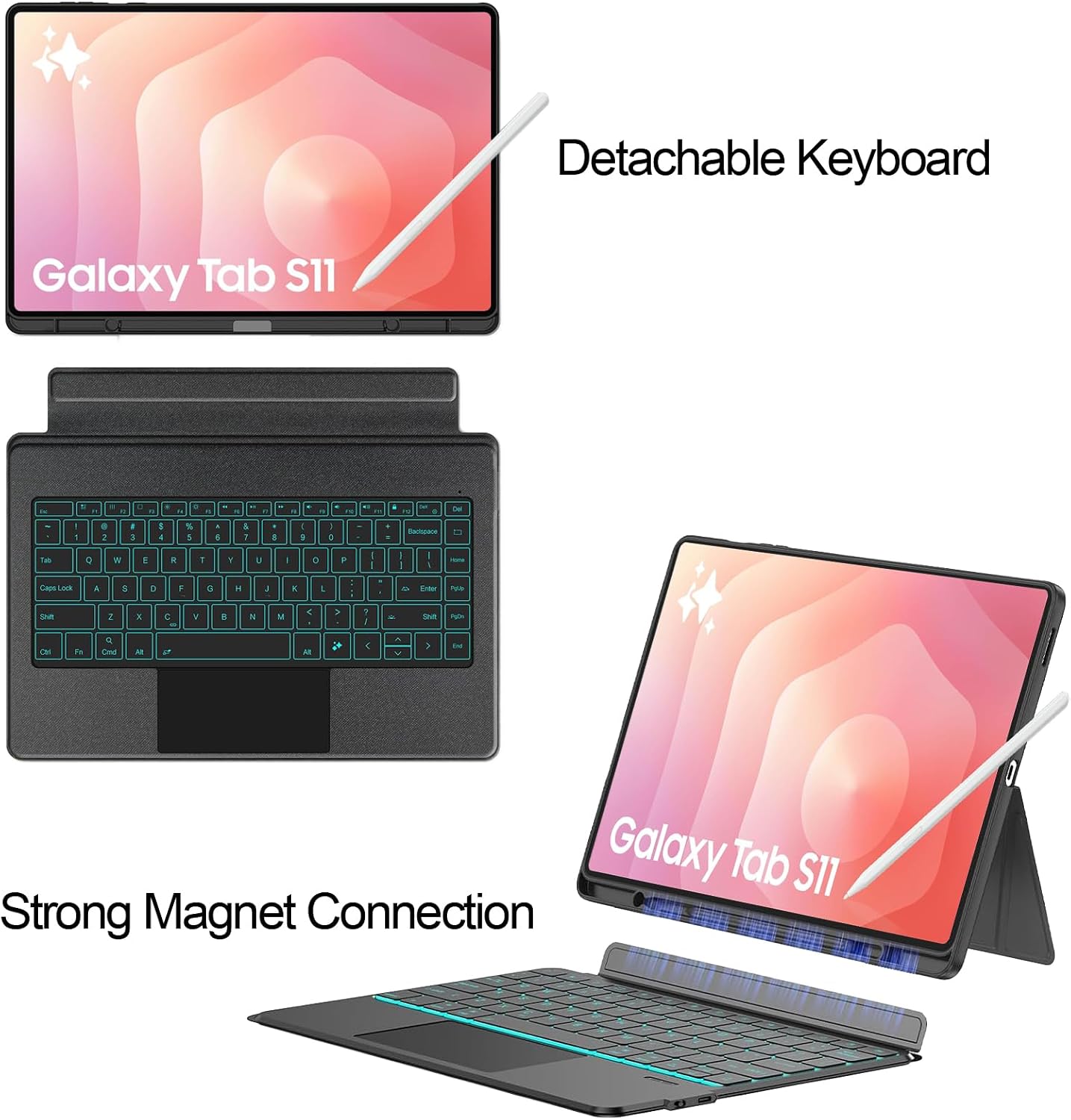 for Samsung Galaxy Tab S11 Keyboard Case 11", S Pen Holder, 7 Color Backlit Keyboard with AI Key & Trackpad, Detachable Sleeve Cover with Adjustable Viewing Angle Stand for Tablet S11