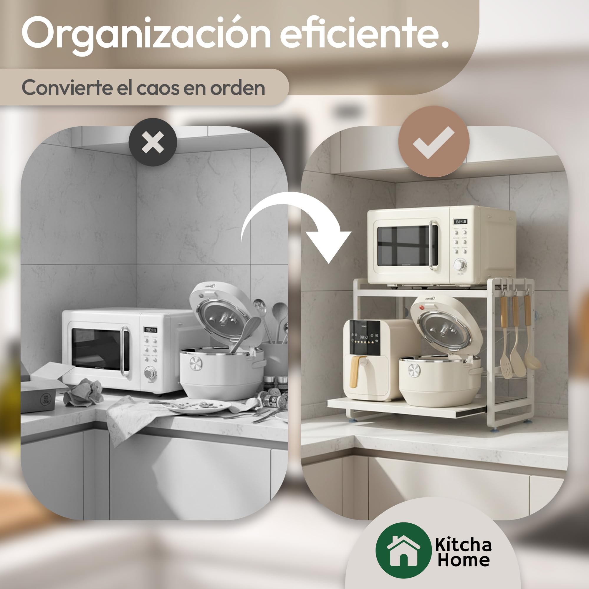 Soporte Ajustable para Microondas Blanco con Bandeja Extraíble, Estante Extensible Antideslizante con Ventosas, Organizador de Cocina Firme, Alta Resistencia y Gran Capacidad de Carga