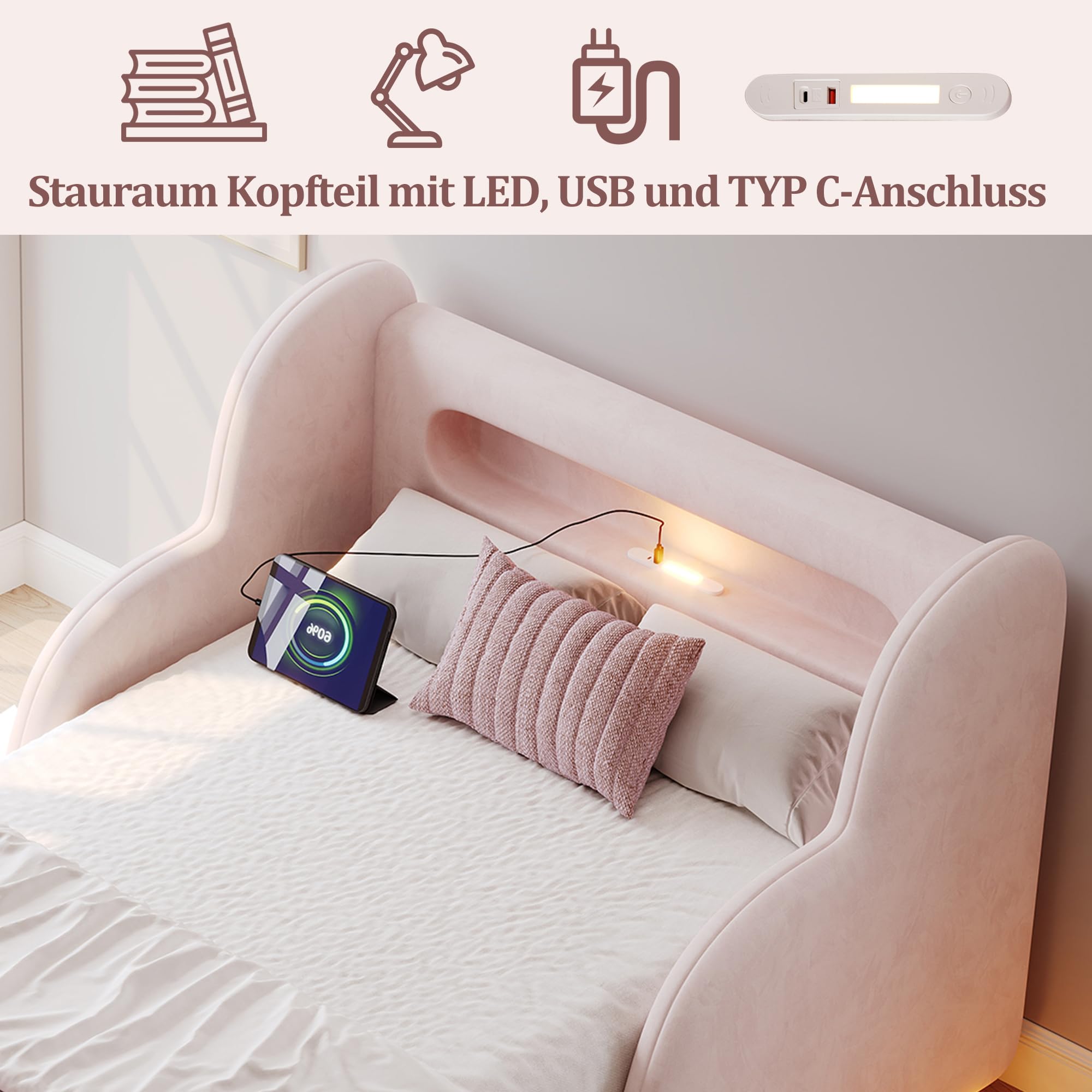 Kinderbett Polsterbett 90x200, Einzelbett mit LED Nachtlicht, USB-Ladeanschluss und Ablagefächern, Jugendbett Funktionsbett Bettgestell mit Rausfallschutz und Lattenrost, Samt, Ohne Matratze, Rosa