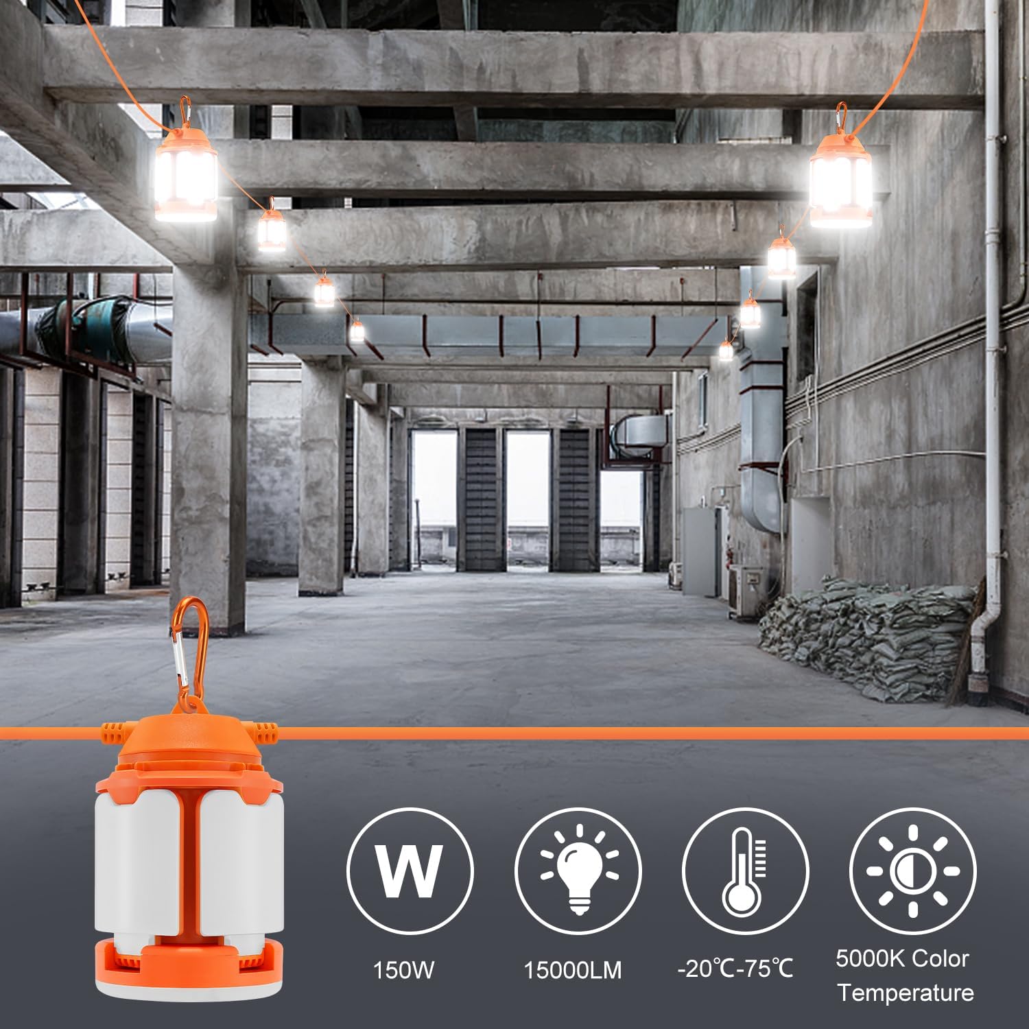 50ft Construction String Lights, 150W LED Industrial Grade 15000LM Super Bright Work String Lights for Construction Sites, Temporary Work, Job site, Indoor and Outdoor Lighting (50ft)