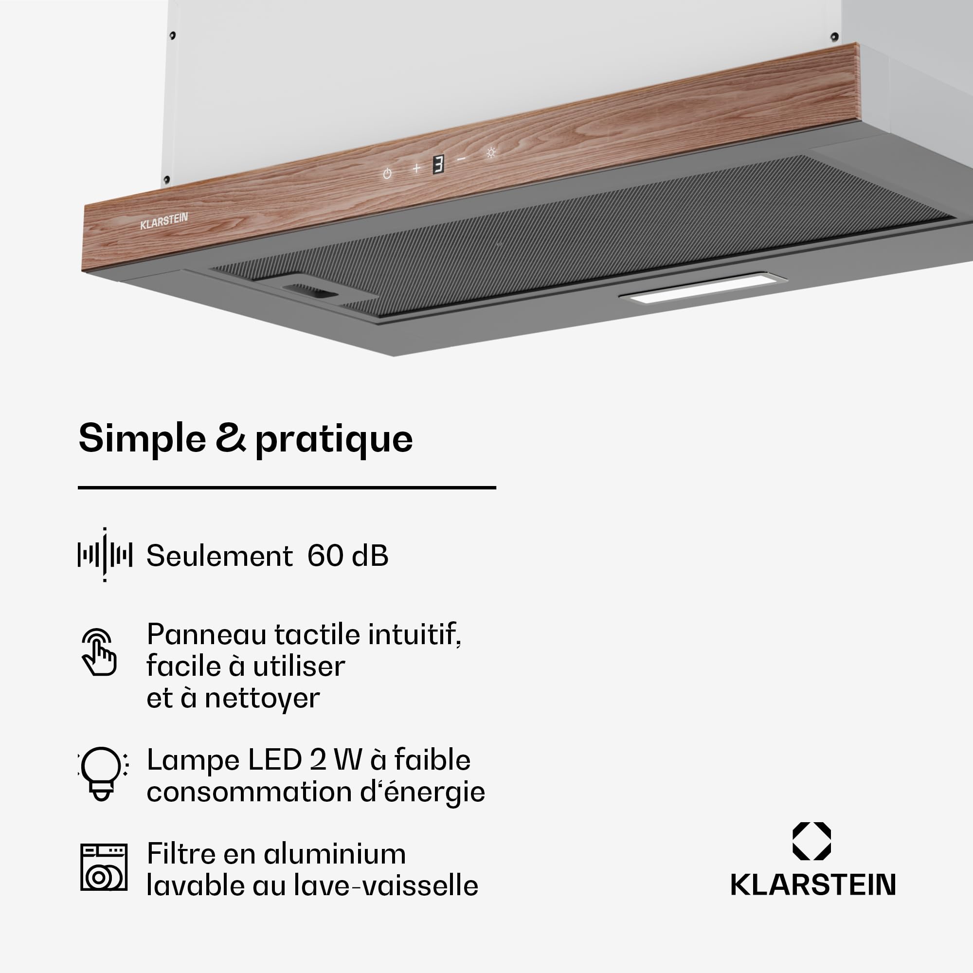 Klarstein ZenFusion Hotte Aspirante, 60cm Hotte Cuisine avec Commande Tactile, Débit 400 m³/h, Efficacité Énergétique A, Extracteur Télescopique, Éclairage LED, Filtre à Charbon Actif