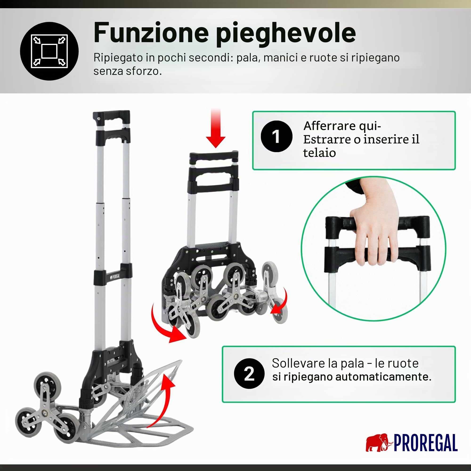 PROREGAL Carrello saliscale pieghevole ELEPHANT | AxLxP 110x45x48cm | Portata 70kg | Cornice in alluminio, maniglie ergonomiche, Ruote in gomma dura TPR | Silber