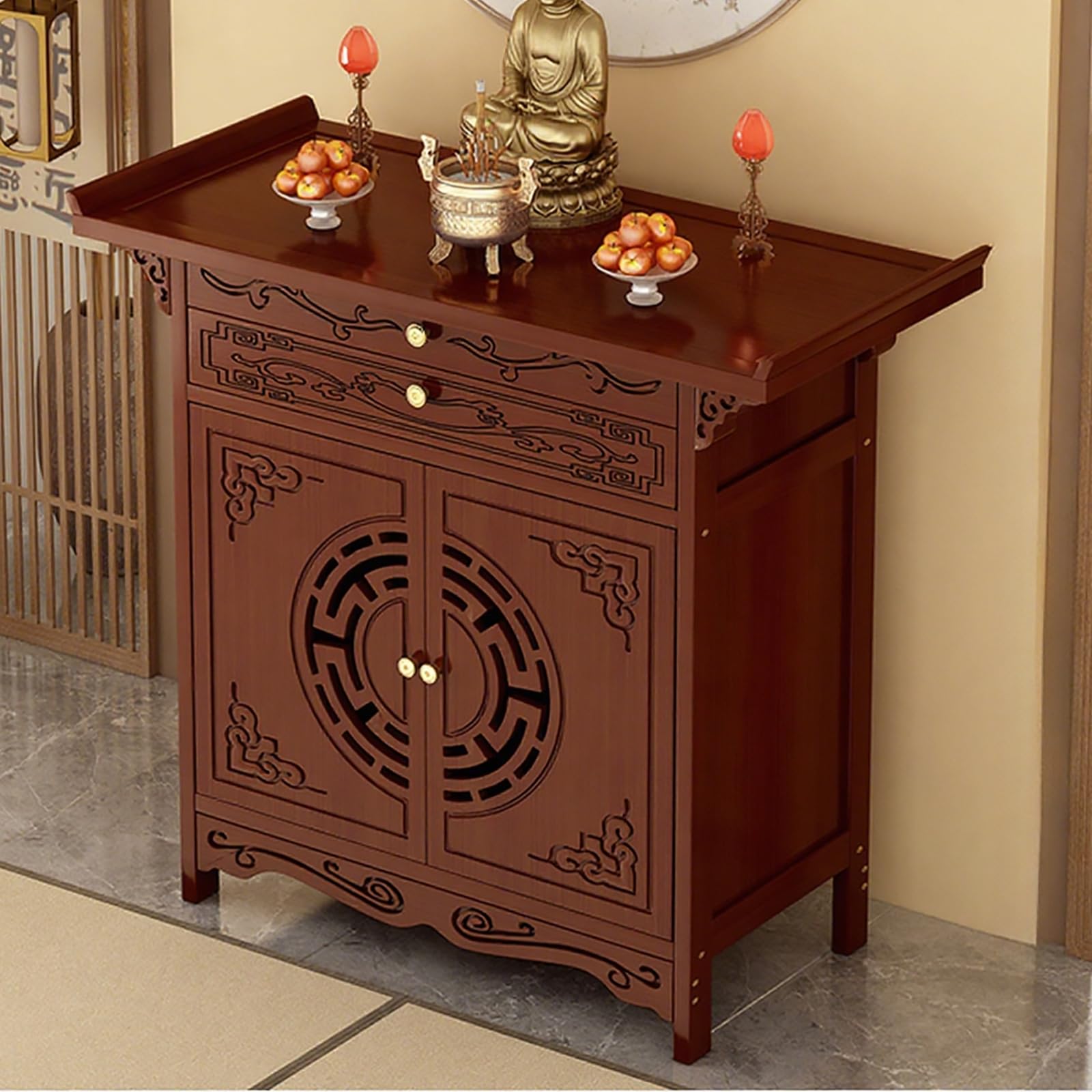 NHPJFDC Buddhist Altar Table with Storage, Meditation Altar Cabinet with Drawer, Bamboo Pooja Table for Home, Chinese Pooja Cabinet for Living Room (Red Sandalwood, 26 * 15.7 * 39.4in)