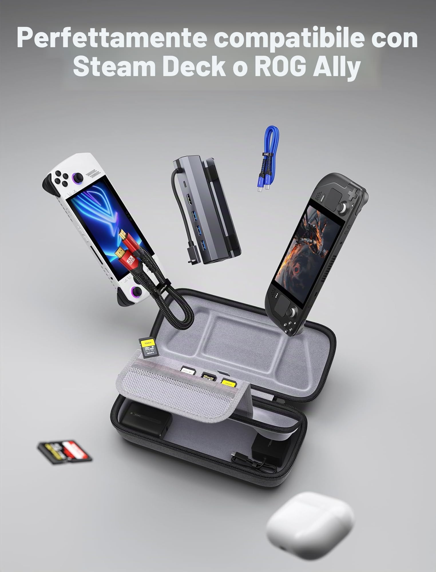 JSAUX Custodia per Steam Deck/ROG Ally/ROG Ally X, Custodia Protettiva a Guscio Rigido con Scomparti per Caricatore e Docking Station, Custodia da Viaggio Portatile per Console e Accessori-BG0106X