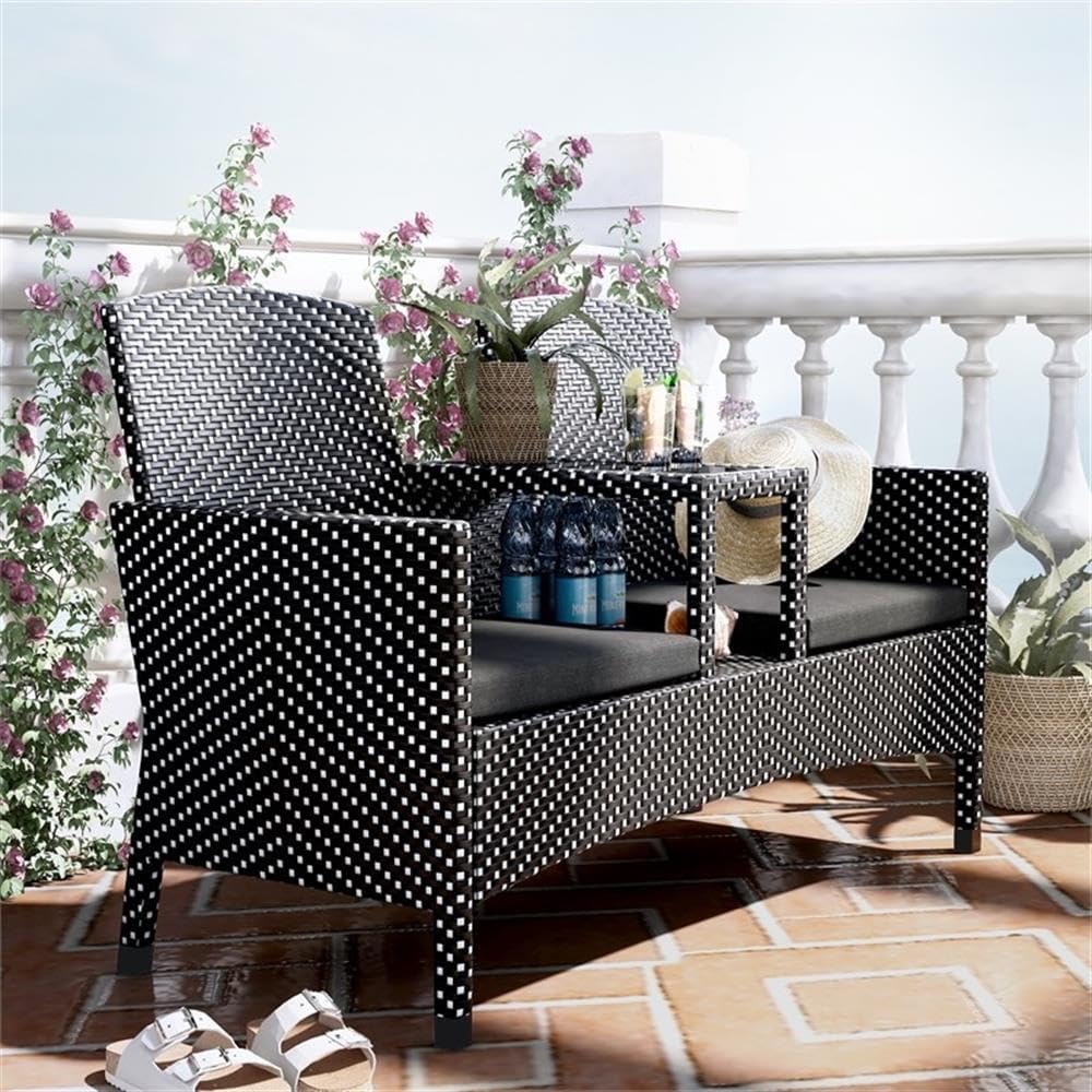 Furniture of America Azur Black Metal Wicker Patio Conversation Loveseat