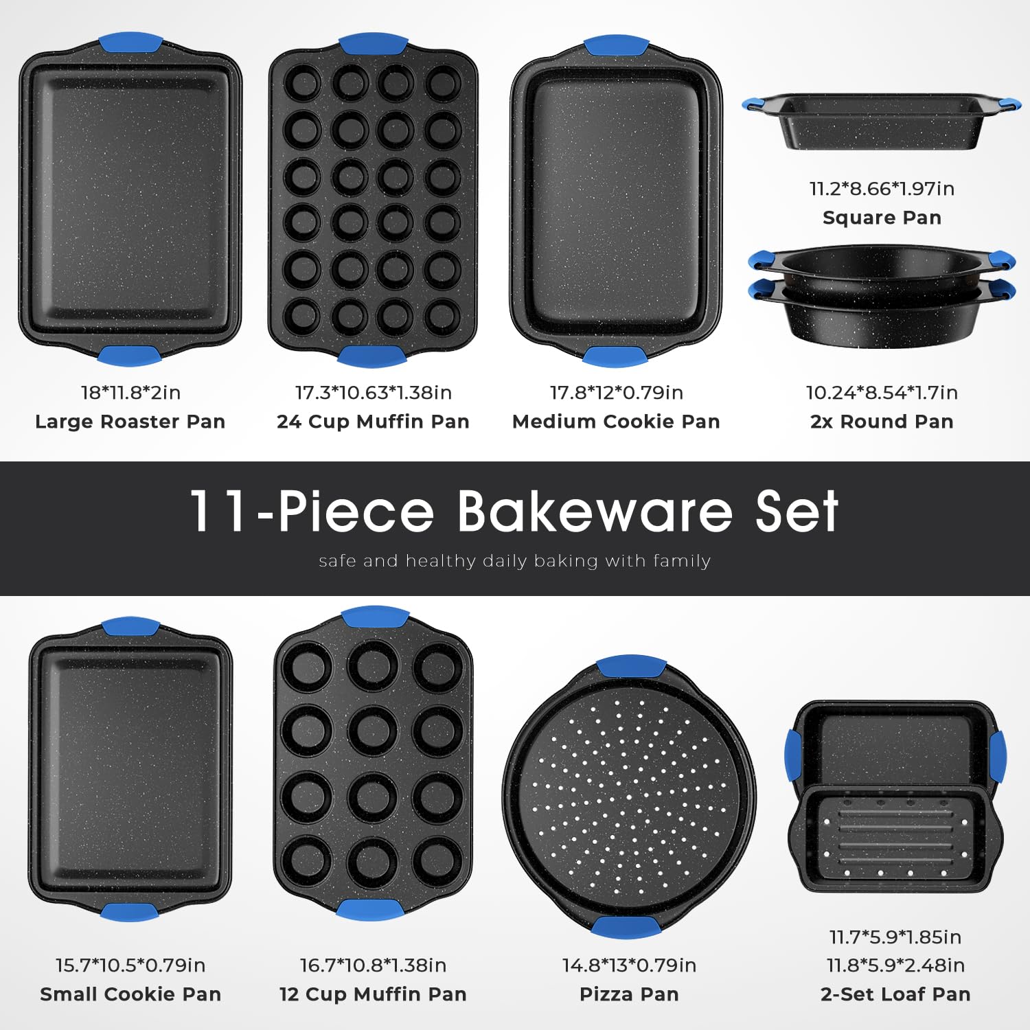 11-teiliges Antihaft-Backformen-Set, stapelbar & ofenfest, Küchen-Backformen mit Silikongriffen, inklusive Plätzchenblech, Kuchenform, Muffinform, Pizzastein und Brotkastenform, Dunkelgrün
