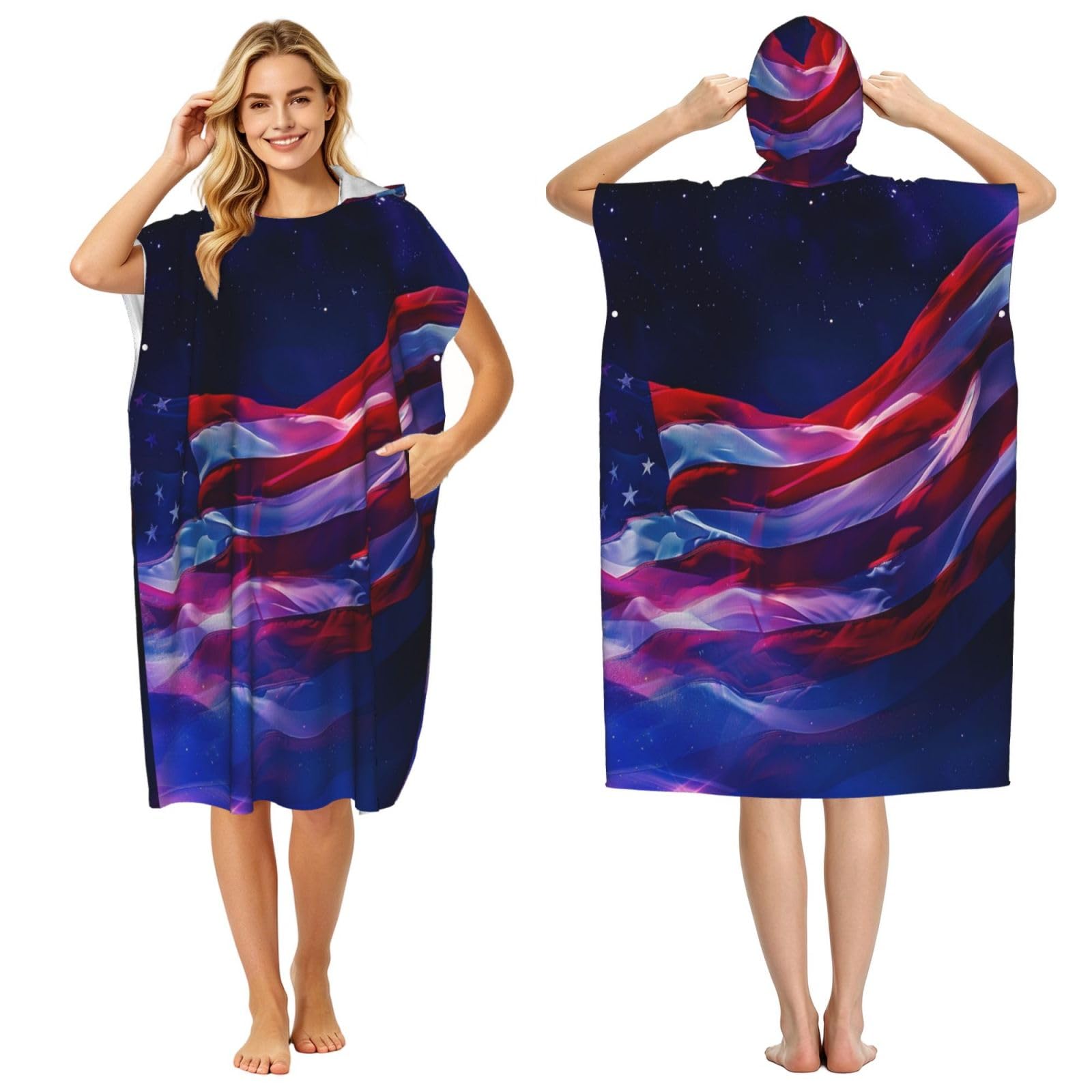 KLGRTJHK American Flag Adult Hooded Beach Poncho Towel 43"X35"